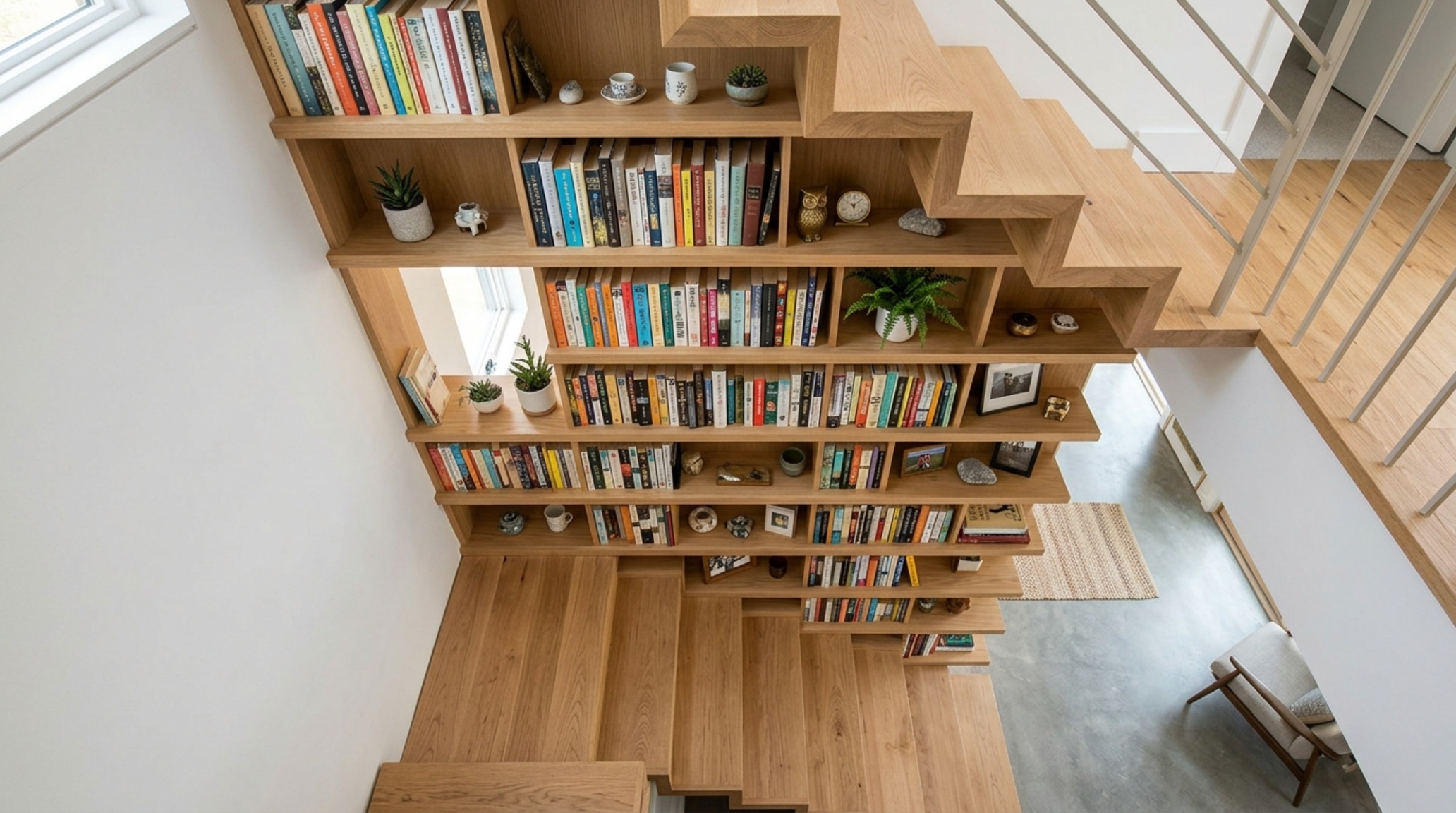 Space-saving book shelving under a staircase, utilizing triangular niches with rift-sawn white oak details and flush-mounted cabinetry for a clean aesthetic. Space-saving book shelving under a staircase, utilizing triangular niches with rift-sawn white oak details and flush-mounted cabinetry for a clean aesthetic.