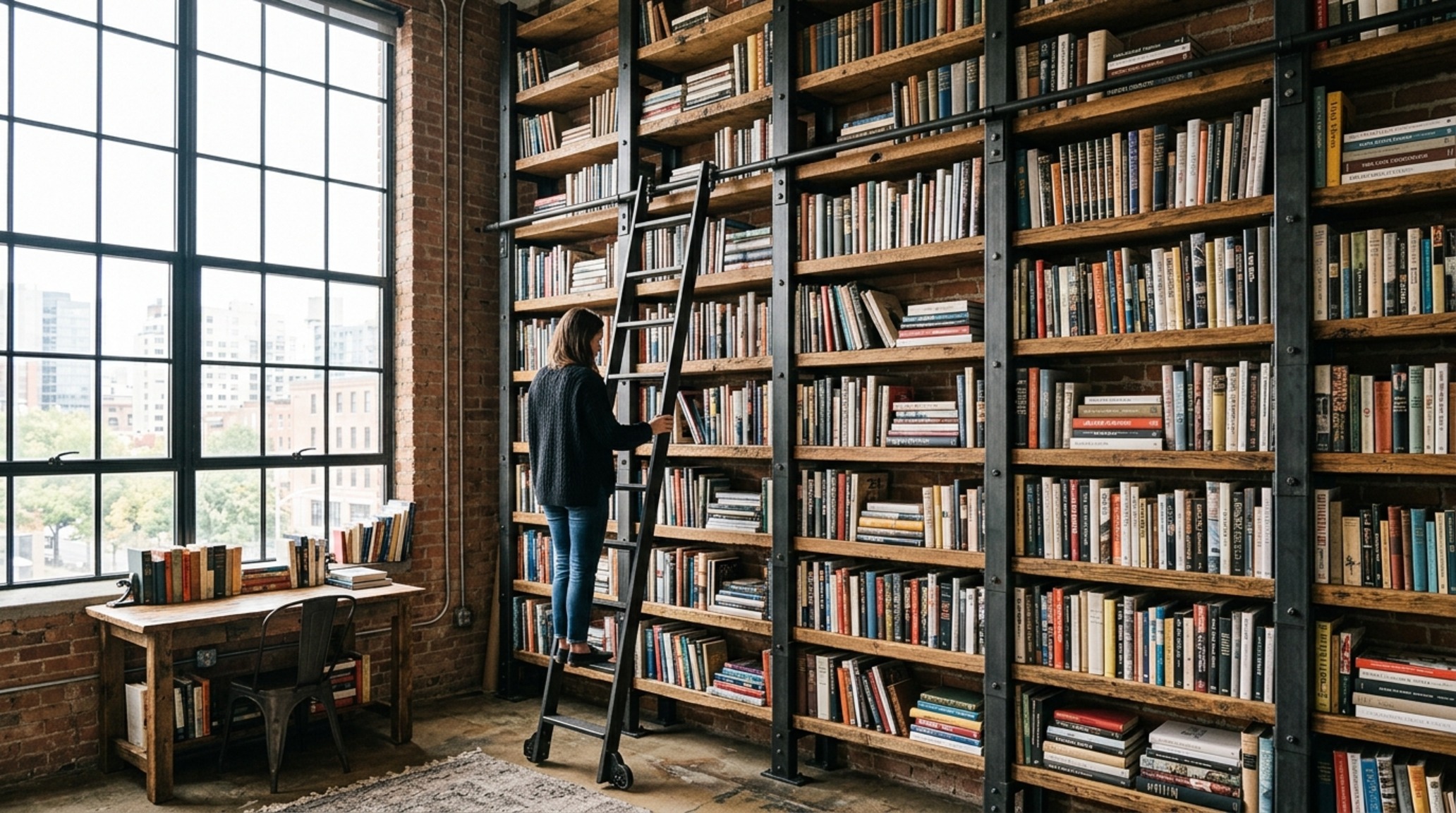Heavy duty shelving for books in a home office setting, featuring industrial metal uprights and 1-inch thick maple boards for maximum load capacity. Heavy duty shelving for books in a home office setting, featuring industrial metal uprights and 1-inch thick maple boards for maximum load capacity.