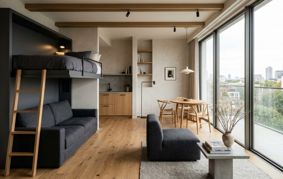 A sleek charcoal grey sofa bunk bed in a minimalist living room with floor-to-ceiling windows and warm white oak floors, showcasing best bunk bed couches decor ideas.