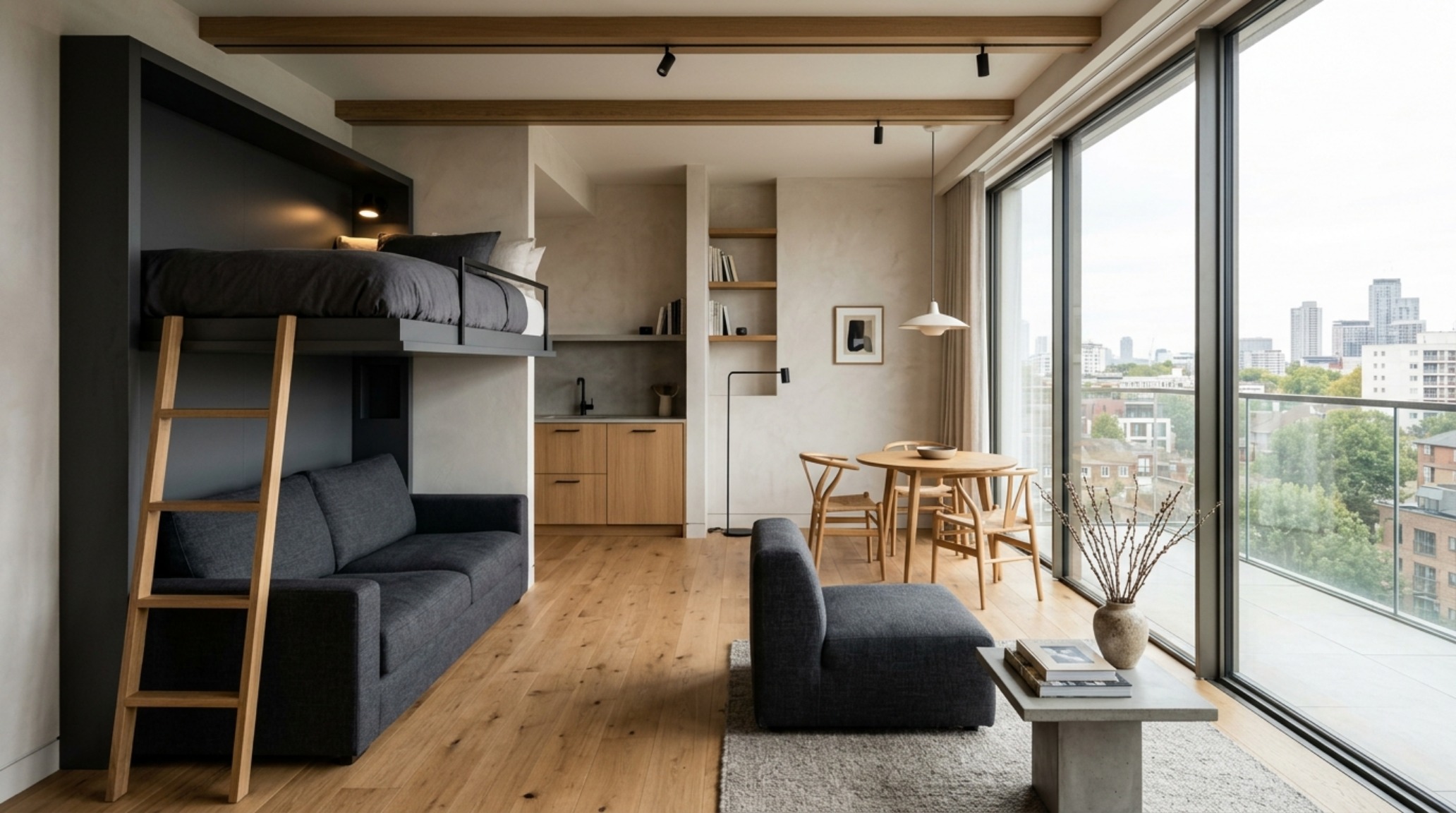 A sleek charcoal grey sofa bunk bed in a minimalist living room with floor-to-ceiling windows and warm white oak floors, showcasing best bunk bed couches decor ideas. A sleek charcoal grey sofa bunk bed in a minimalist living room with floor-to-ceiling windows and warm white oak floors, showcasing best bunk bed couches decor ideas.