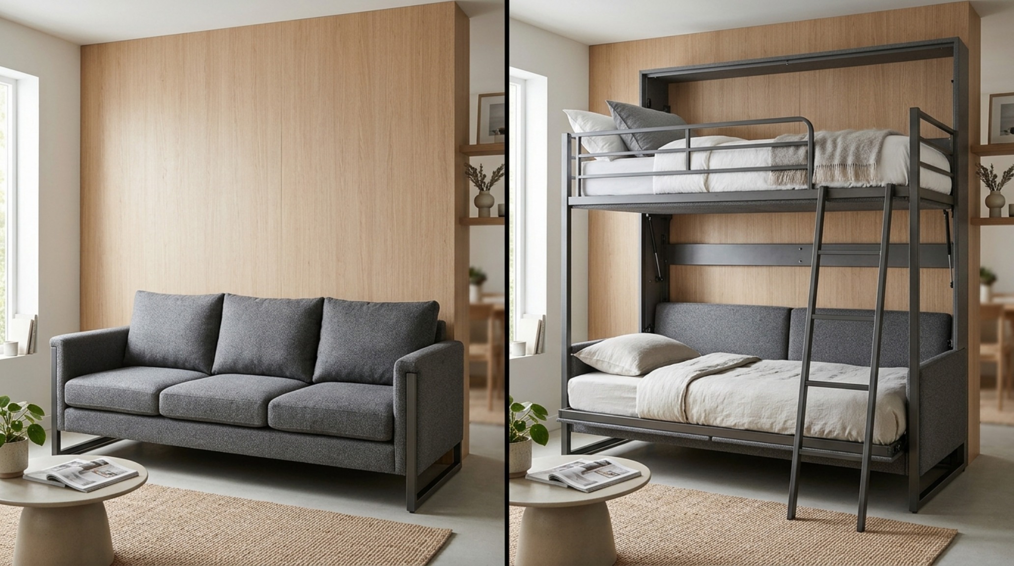 Comparison shot of a convertible sofa bunk for Airbnb in both its couch and bed states, emphasizing mechanical ease and design continuity. Comparison shot of a convertible sofa bunk for Airbnb in both its couch and bed states, emphasizing mechanical ease and design continuity.