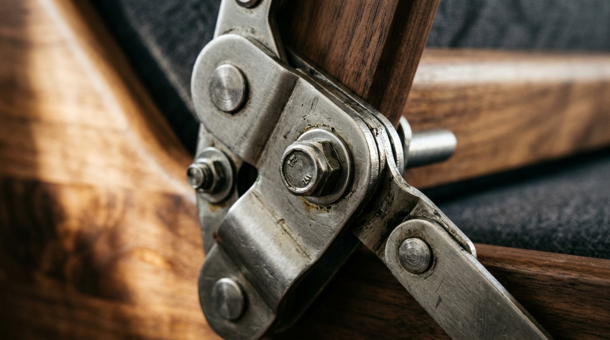Close-up of the brushed steel conversion mechanism of a convertible bunk bed couch against a backdrop of walnut wood paneling and soft directional light. Close-up of the brushed steel conversion mechanism of a convertible bunk bed couch against a backdrop of walnut wood paneling and soft directional light.