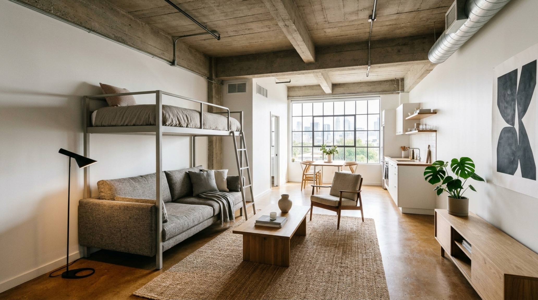 Wide-angle shot of a low-ceiling studio apartment featuring a space-saving sleeper sofa that maintains clear sightlines and 36-inch walkway clearances. Wide-angle shot of a low-ceiling studio apartment featuring a space-saving sleeper sofa that maintains clear sightlines and 36-inch walkway clearances.