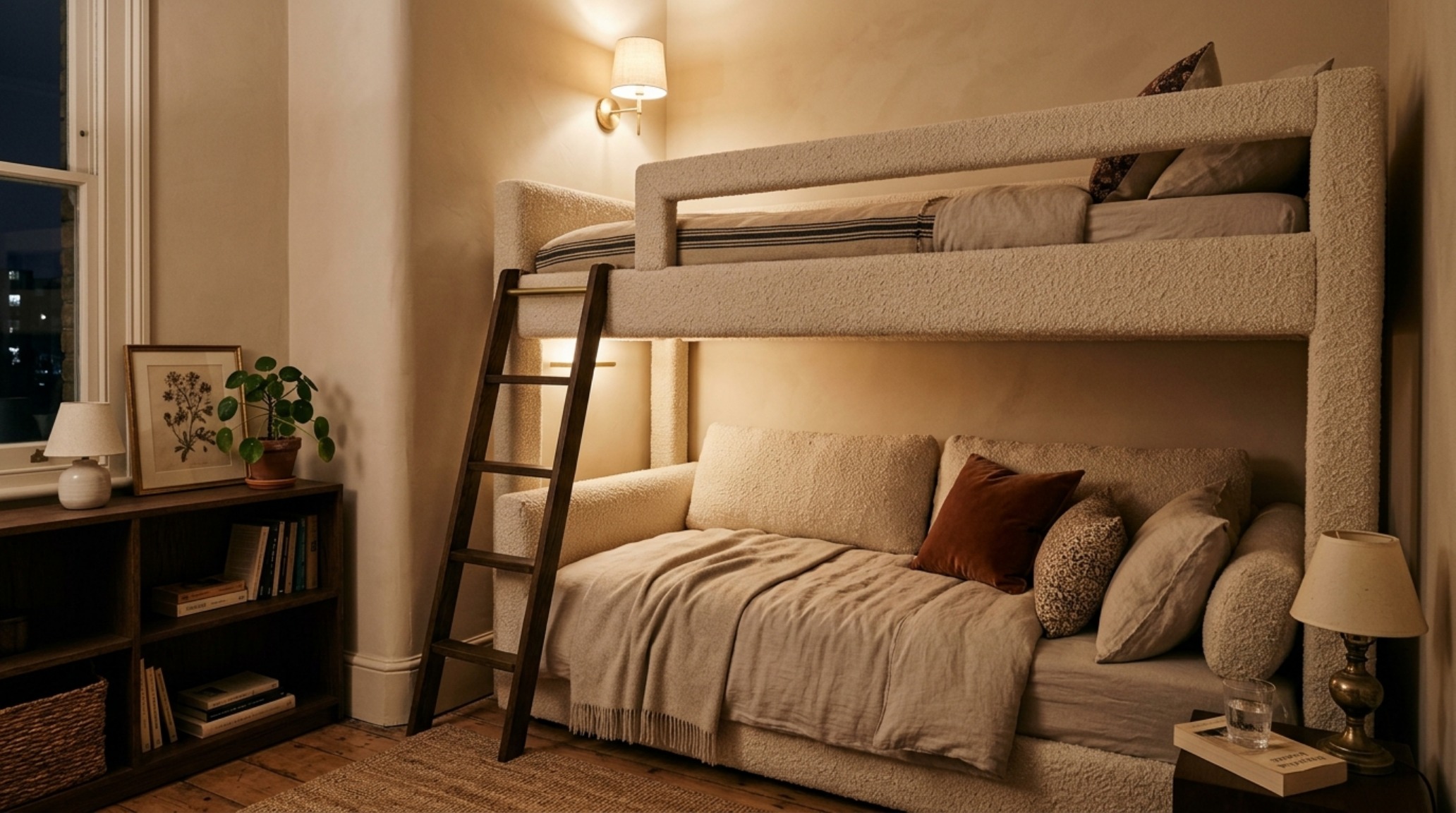 A cozy multifunctional living room scene with 2700K warm ambient lighting highlighting the texture of a boucle bunk bed couch and Farrow & Ball Setting Plaster walls. A cozy multifunctional living room scene with 2700K warm ambient lighting highlighting the texture of a boucle bunk bed couch and Farrow & Ball Setting Plaster walls.