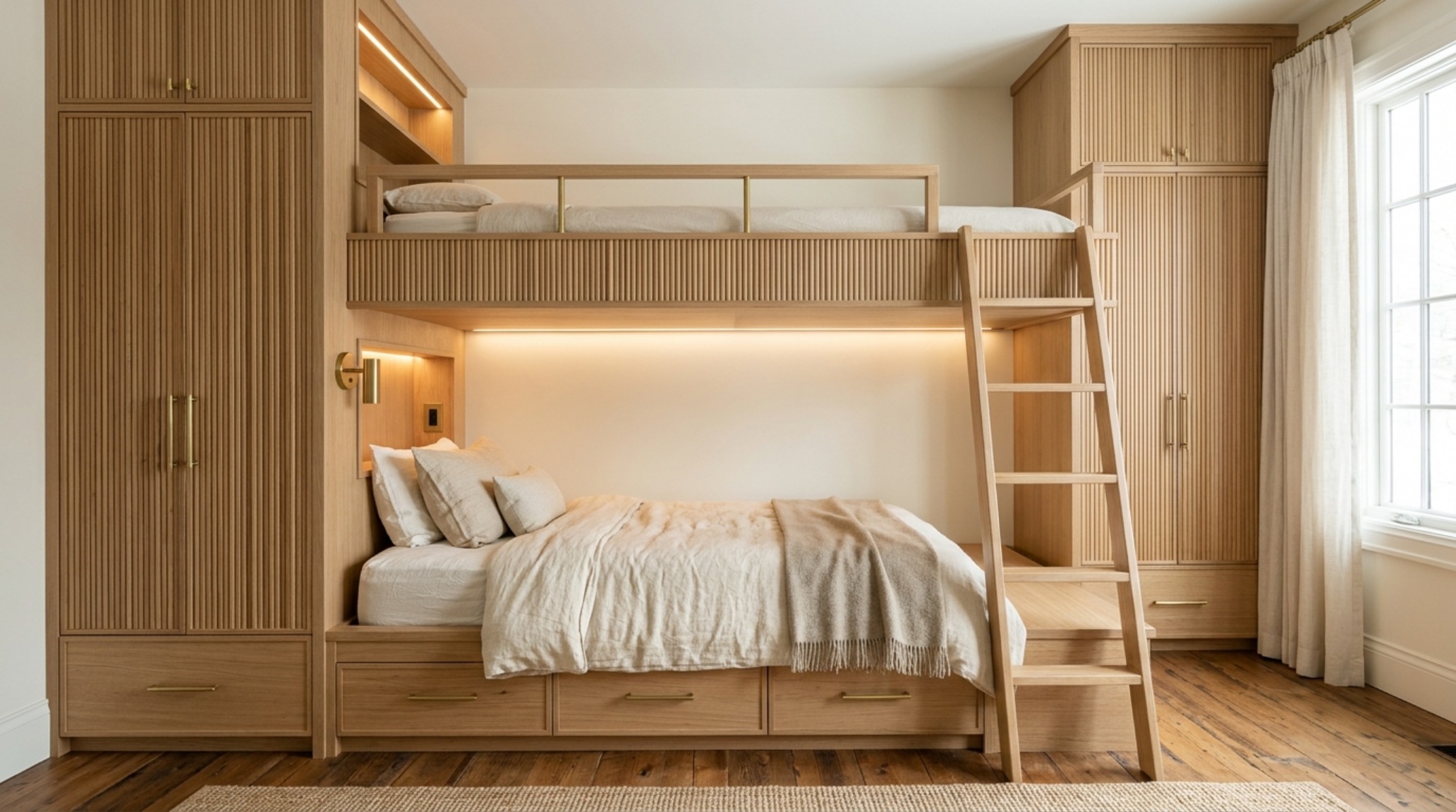 Modern aesthetic bunk bed couch integrated into a custom fluted white oak wall unit with recessed brass task lighting and minimalist styling. Modern aesthetic bunk bed couch integrated into a custom fluted white oak wall unit with recessed brass task lighting and minimalist styling.