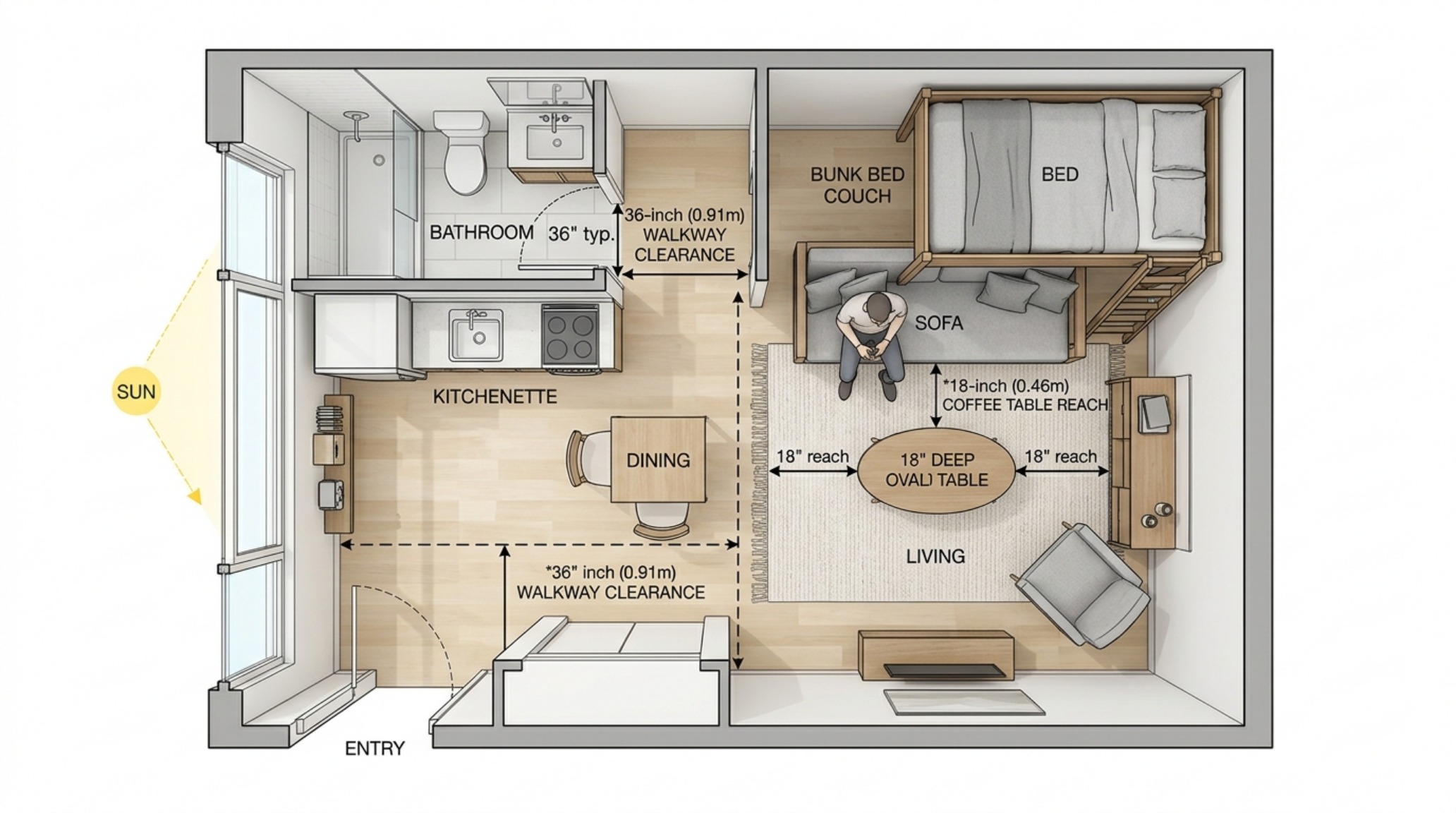 Top-down architectural view of a studio apartment bunk couch layout demonstrating optimized spatial flow and furniture placement. Top-down architectural view of a studio apartment bunk couch layout demonstrating optimized spatial flow and furniture placement.