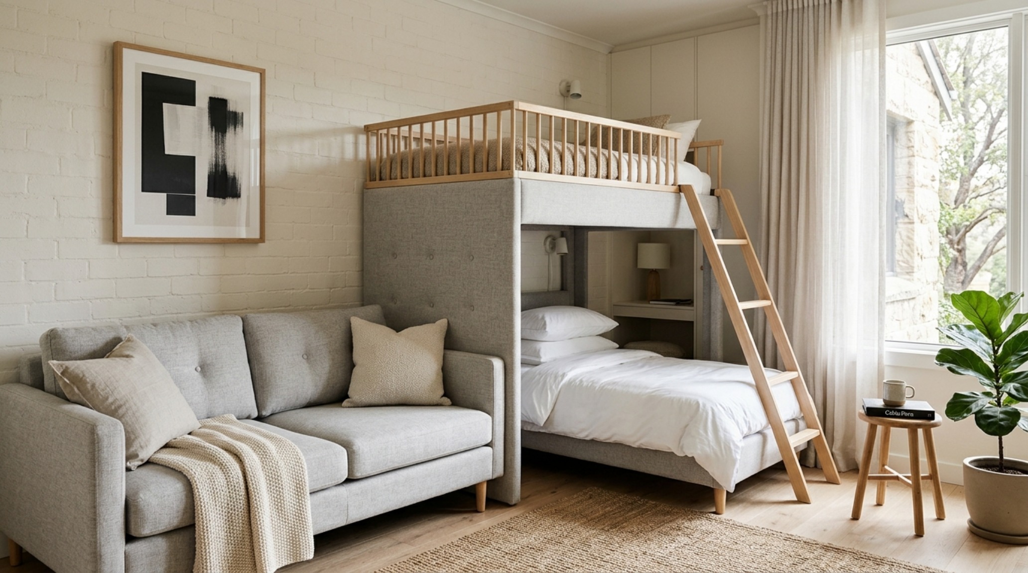 An editorial shot of a Luonto Elevate bunk bed couch in an Airbnb setting, featuring performance fabrics and a modern minimalist aesthetic. An editorial shot of a Luonto Elevate bunk bed couch in an Airbnb setting, featuring performance fabrics and a modern minimalist aesthetic.
