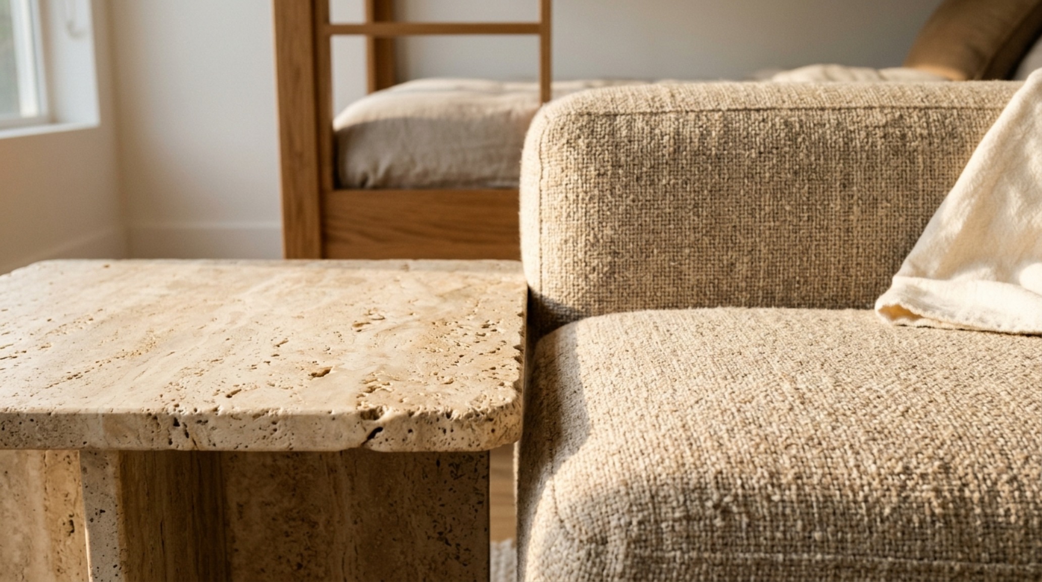 Tactile detail of honed travertine side tables next to a linen-upholstered sofa bunk bed, illustrating the Quiet Luxury design philosophy. Tactile detail of honed travertine side tables next to a linen-upholstered sofa bunk bed, illustrating the Quiet Luxury design philosophy.