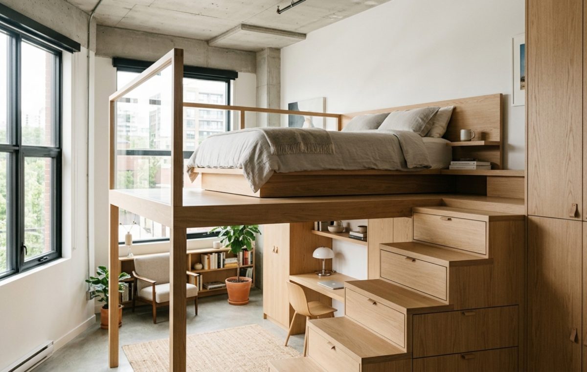 Modular sleep systems for studios featuring a structural white oak mezzanine with integrated stairs and recessed warm lighting.