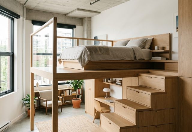 Modular sleep systems for studios featuring a structural white oak mezzanine with integrated stairs and recessed warm lighting.