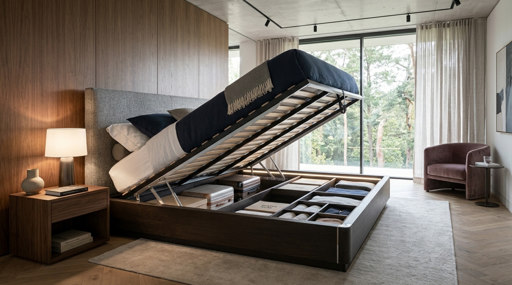 Under-bed storage solutions with a hydraulic lift mechanism revealing a fully lined interior compartment for a clean, unbroken floor plan.
