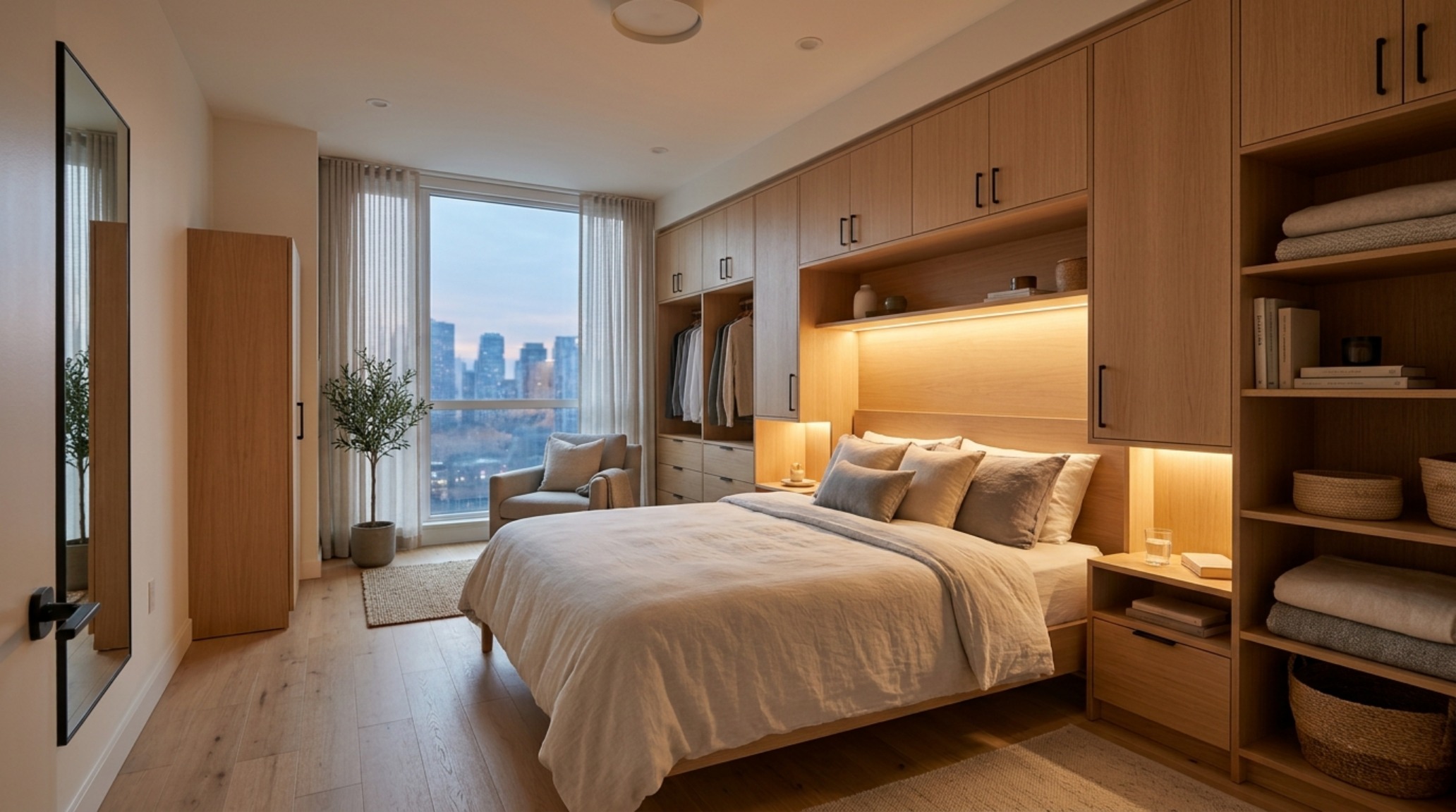 Small apartment bedroom layout viewed from above, highlighting the 36-inch walkways and the fluid spatial cadence of integrated millwork.