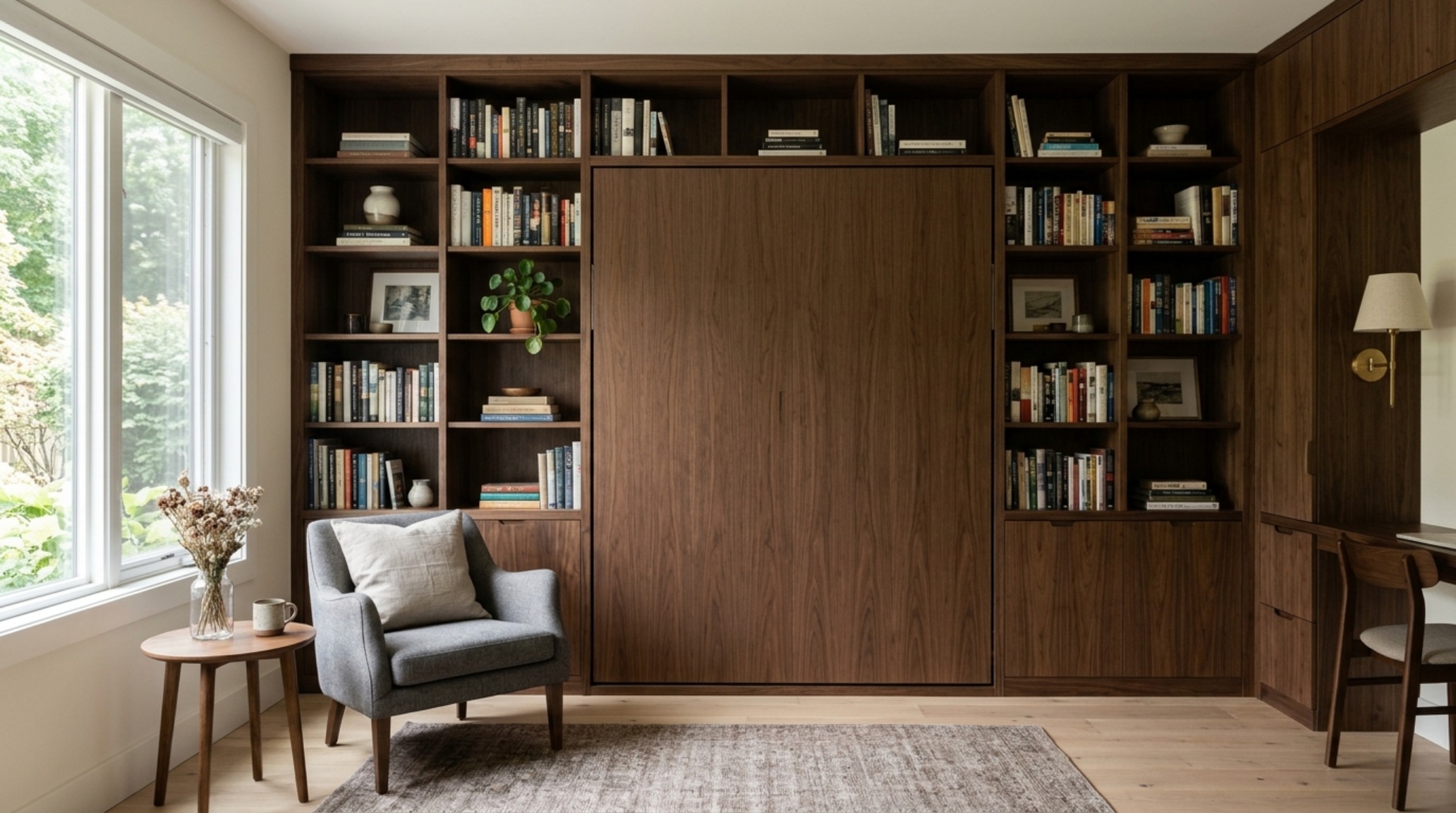 Hidden wall beds for guest rooms concealed within a monolithic walnut library wall featuring touch-to-open panels and seamless joinery.