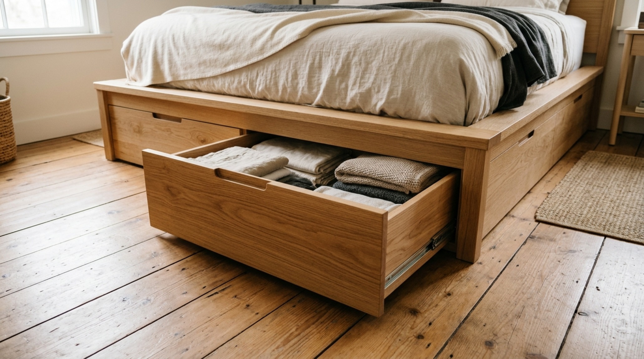 Under-bed storage solutions including custom deep-pull drawers integrated into a bleached oak podium platform with a 36-inch clearance.