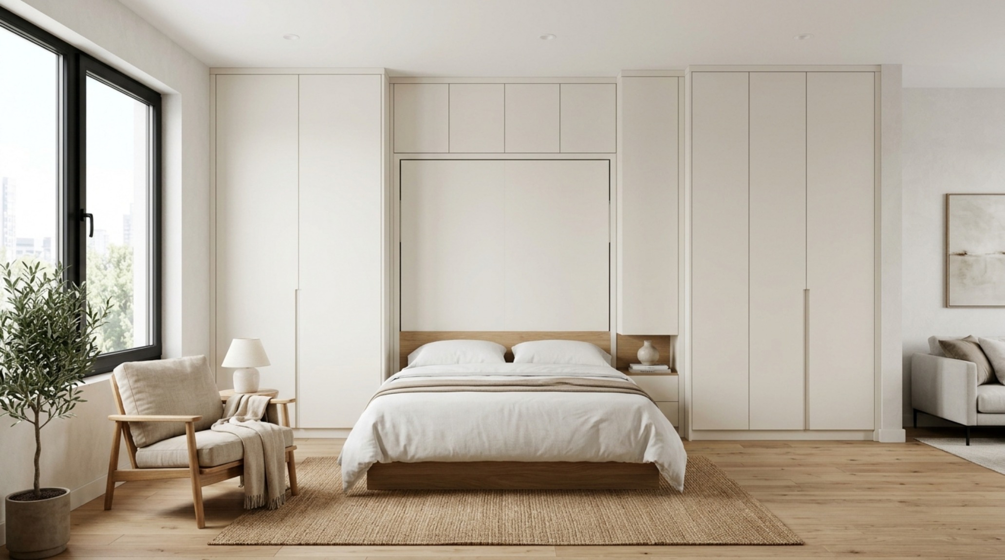 Integrated bedroom cabinetry finished in Benjamin Moore Swiss Coffee with a hidden drop-down guest bed and architectural shadow lines.