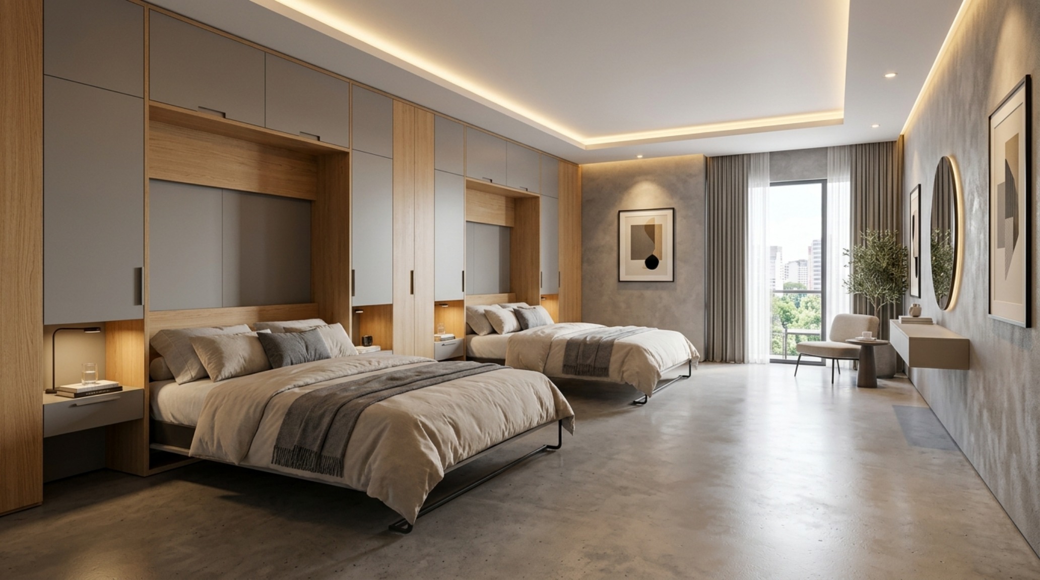 Hidden wall beds for guest rooms showing the deployed state with 30-inch clearances and a view of the integrated bedside niche with task lighting.