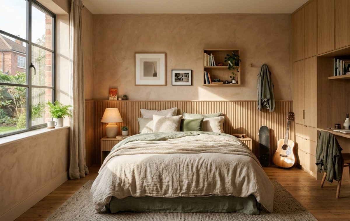 aesthetic bedroom ideas for teens featuring a Venetian plaster feature wall in Farrow & Ball Setting Plaster with vertical fluted white oak accents and warm ambient lighting.