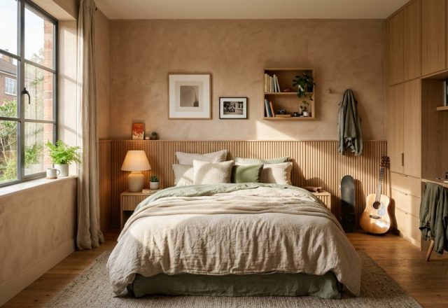 aesthetic bedroom ideas for teens featuring a Venetian plaster feature wall in Farrow & Ball Setting Plaster with vertical fluted white oak accents and warm ambient lighting.
