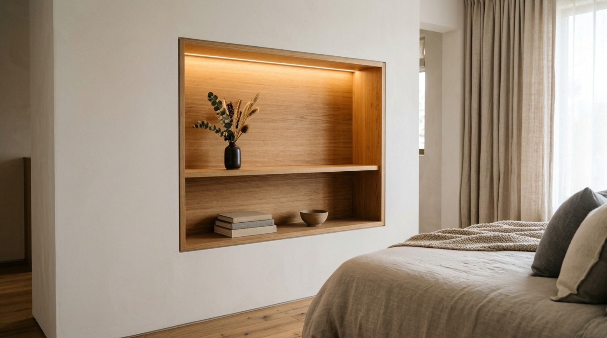 smart storage for adolescent rooms featuring a recessed architectural niche for book display with integrated warm LED strip lighting.