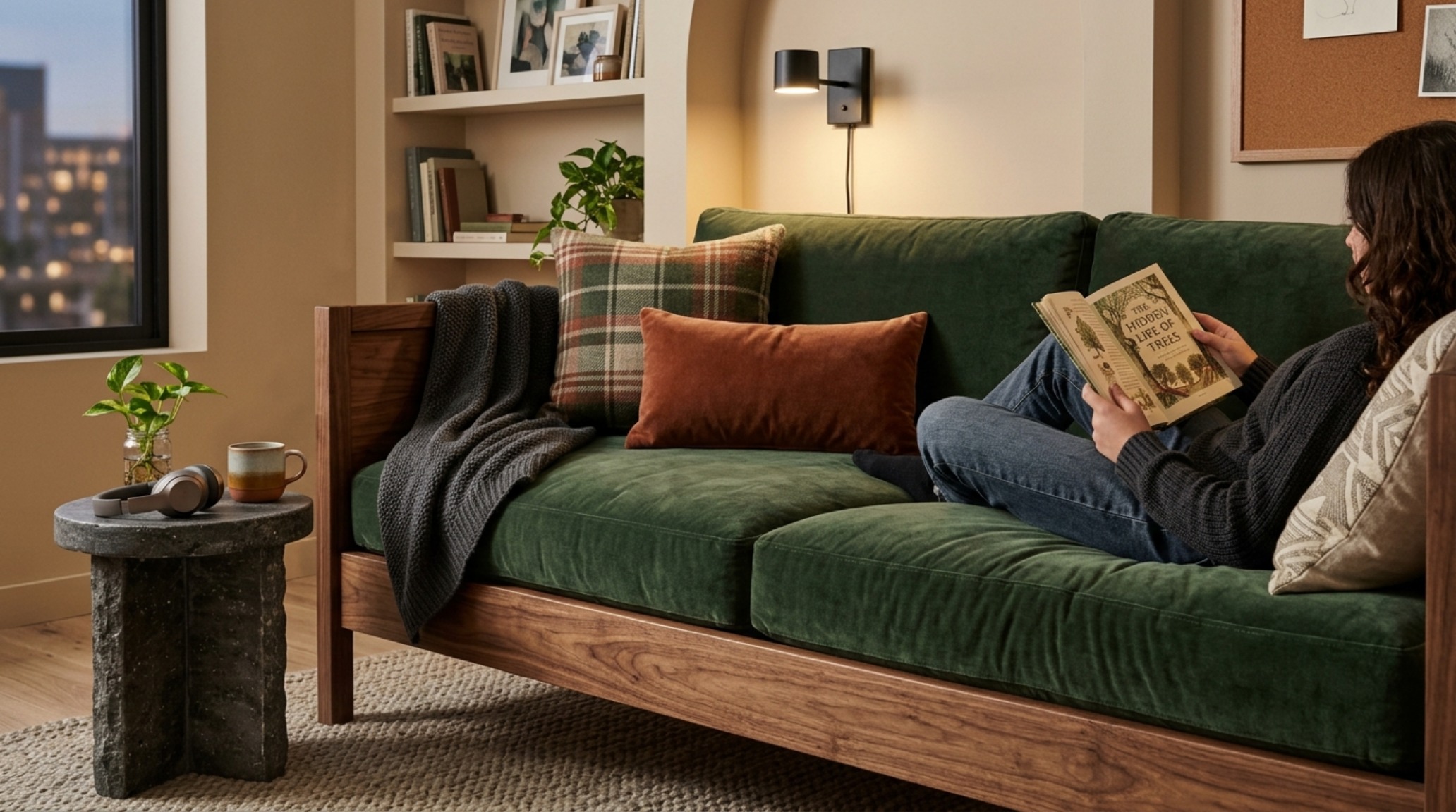 multi-functional teen furniture showcased by a custom walnut daybed with integrated charging ports and a low-slung stone coffee table within 18-inch reach.