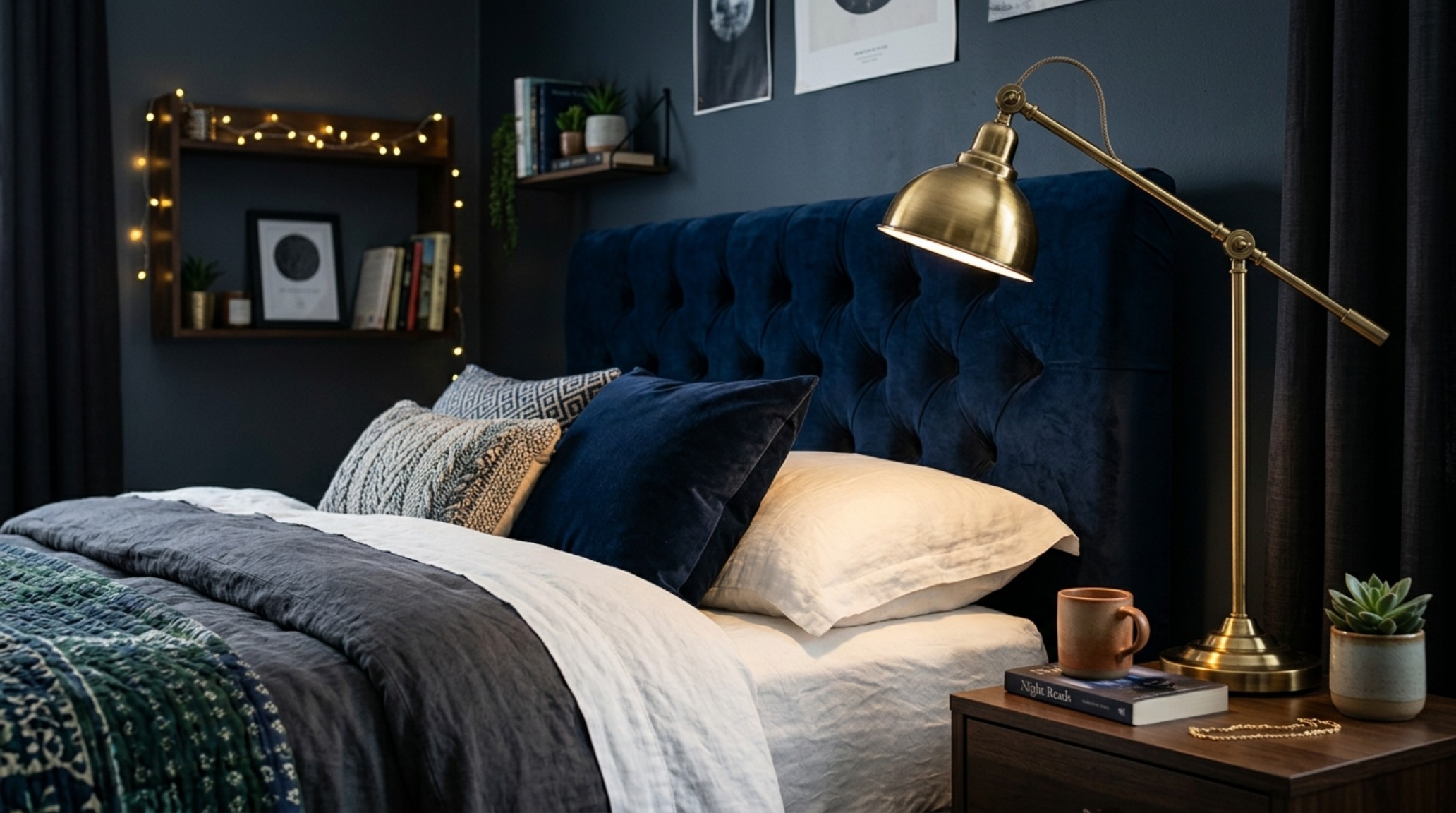 modern youth bedroom decor highlighting a navy brushed velvet upholstered bed frame, high CRI 92+ task lighting, and jewel-toned accent pillows.