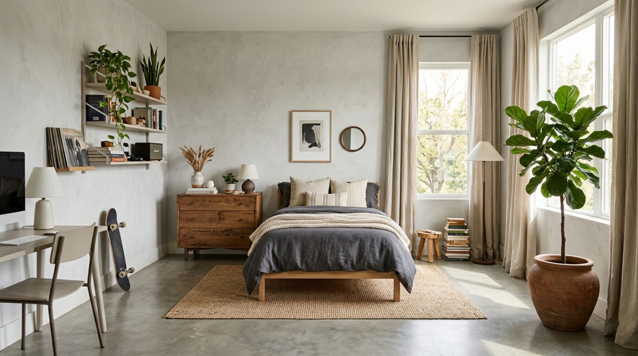 gender-neutral teen room design utilizing oatmeal linen bedding, raw concrete bedside tables, and biophilic elements with soft natural light.