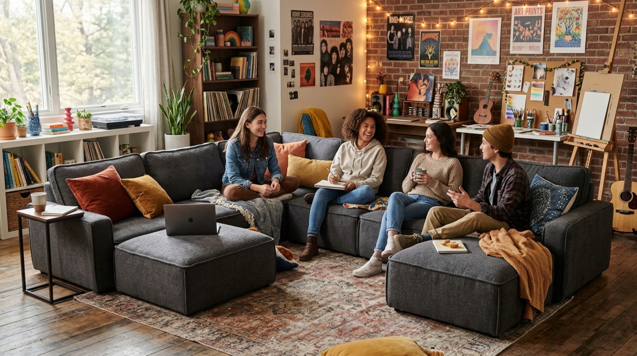 multi-functional teen furniture including a modular sectional sofa that reconfigures for gaming or studying, finished in a durable charcoal performance fabric.