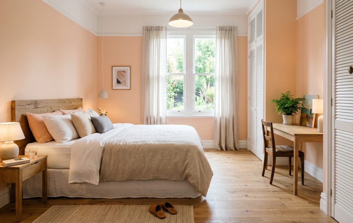 small bedroom colors to make it look bigger showcased in a sun-drenched attic bedroom featuring soft peach walls and a minimalist 36-inch oak circulation path.