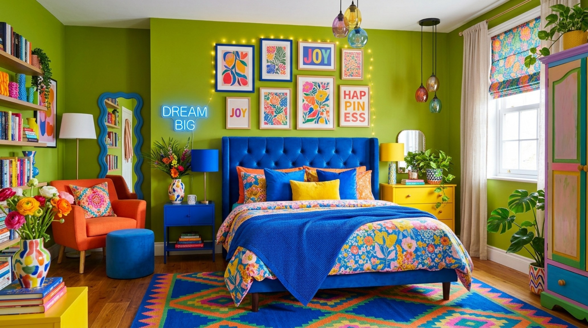 modern dopamine decor paint palettes showcasing a bold fusion of electric blue and citrus green accents in a highly curated architectural bedroom.