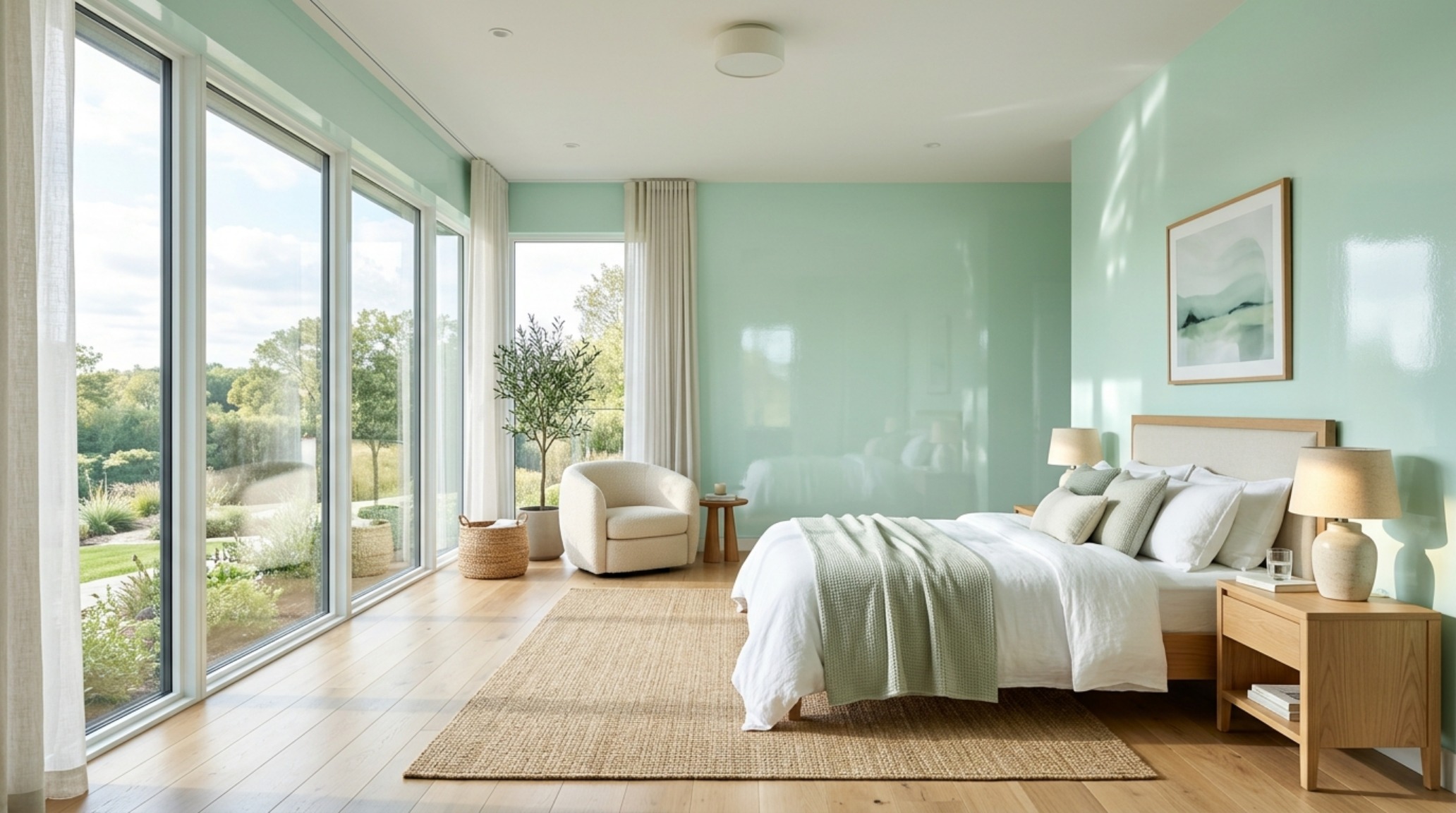 high LRV paint colors for bedrooms demonstrated by a reflective pale mint wall finish that maximizes natural light refraction in a modern master suite.