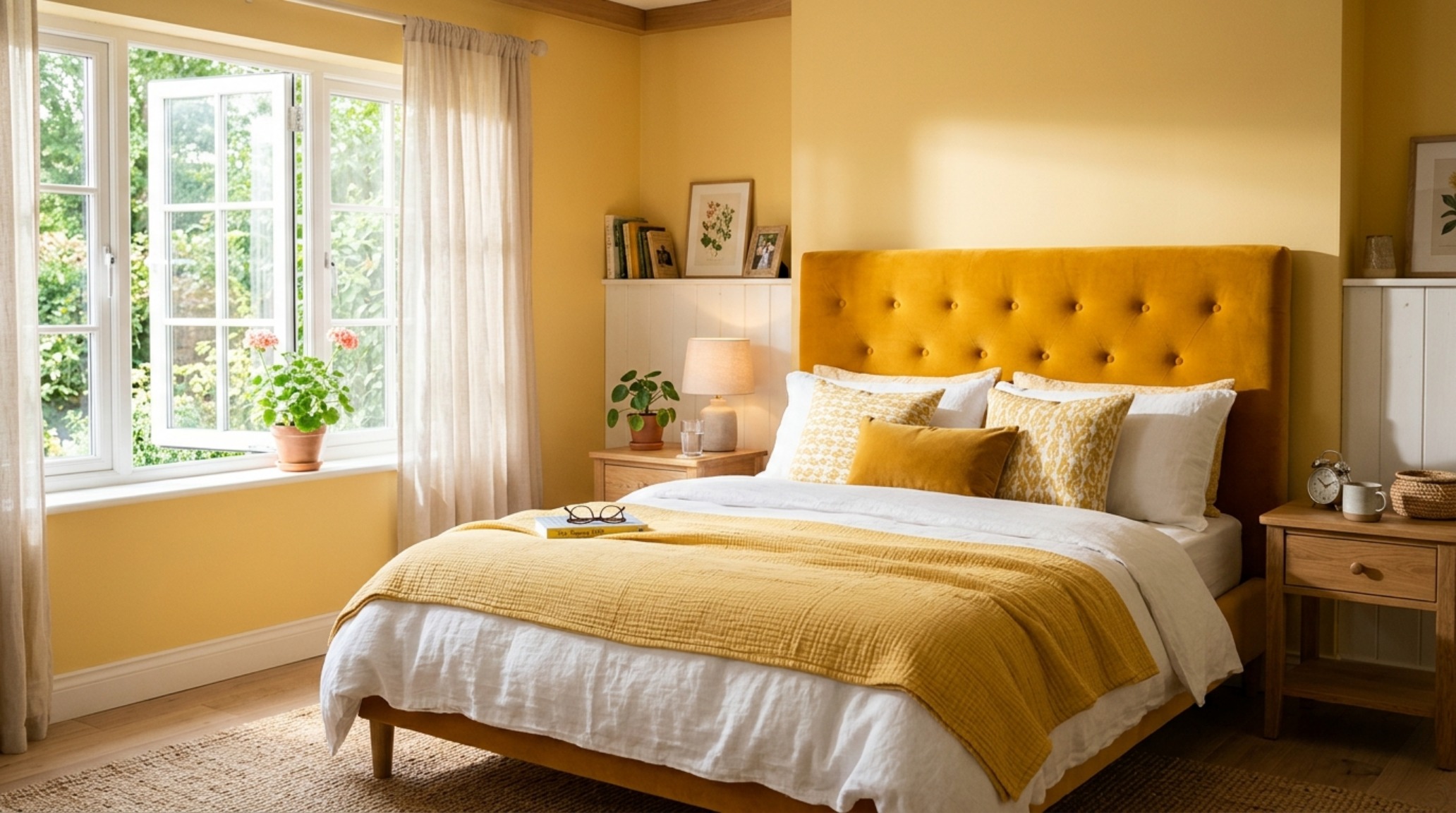 sunny yellow bedroom decor trends featuring a marigold velvet headboard against butter-yellow walls with 18-inch reach bedside tables.