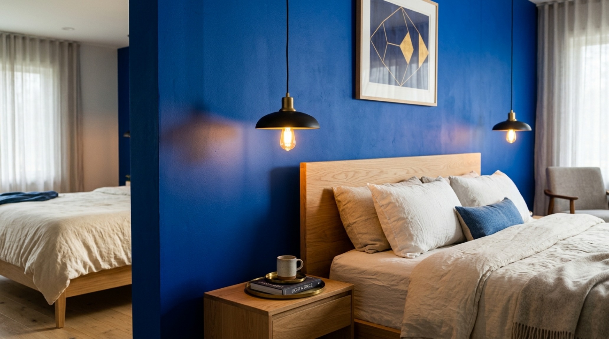 bright accent wall ideas for master suites using a deep cobalt blue focal wall behind a fluted white oak bed frame with 2700K pendant lighting.