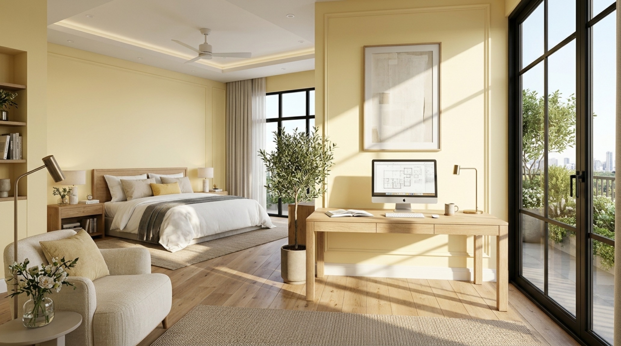 high LRV paint colors for bedrooms in a glossy lemon chiffon finish that bounces light across a high-ceilinged contemporary suite.