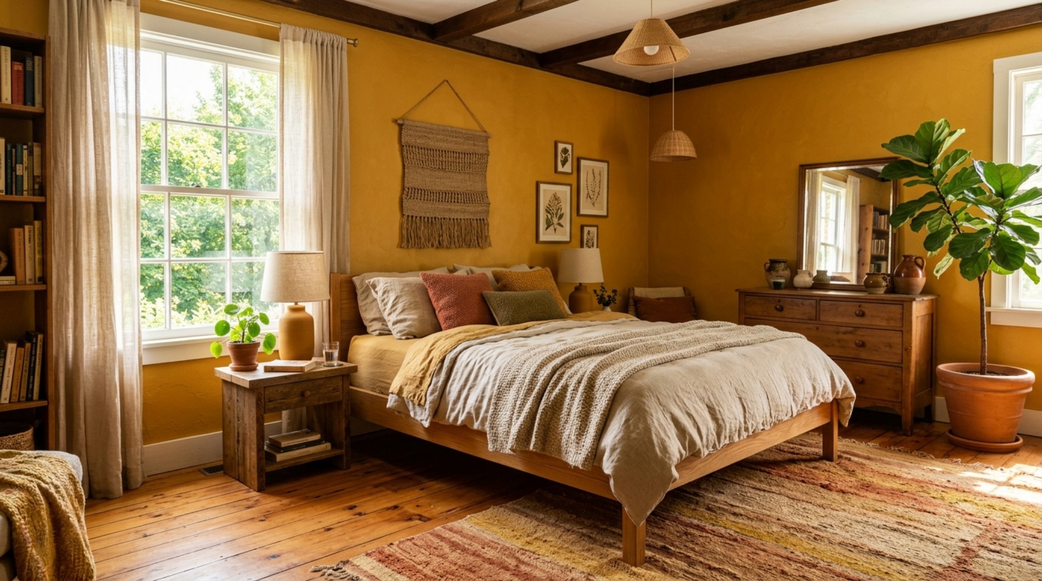 sunny yellow bedroom decor trends integrated with raw linen textures and honey-toned wood floors for a balanced organic vibrancy.