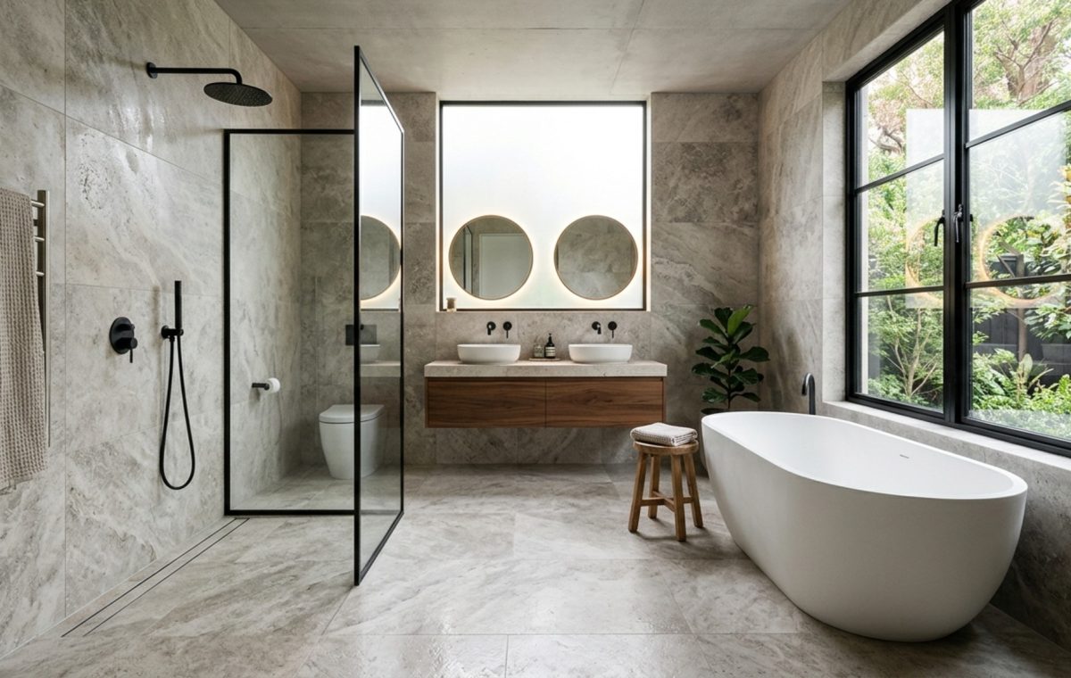 Modern virtual bathroom designer ideas showcasing a sun-drenched master suite with a curbless walk-in shower, silver shadow travertine walls, and a freestanding matte white tub.