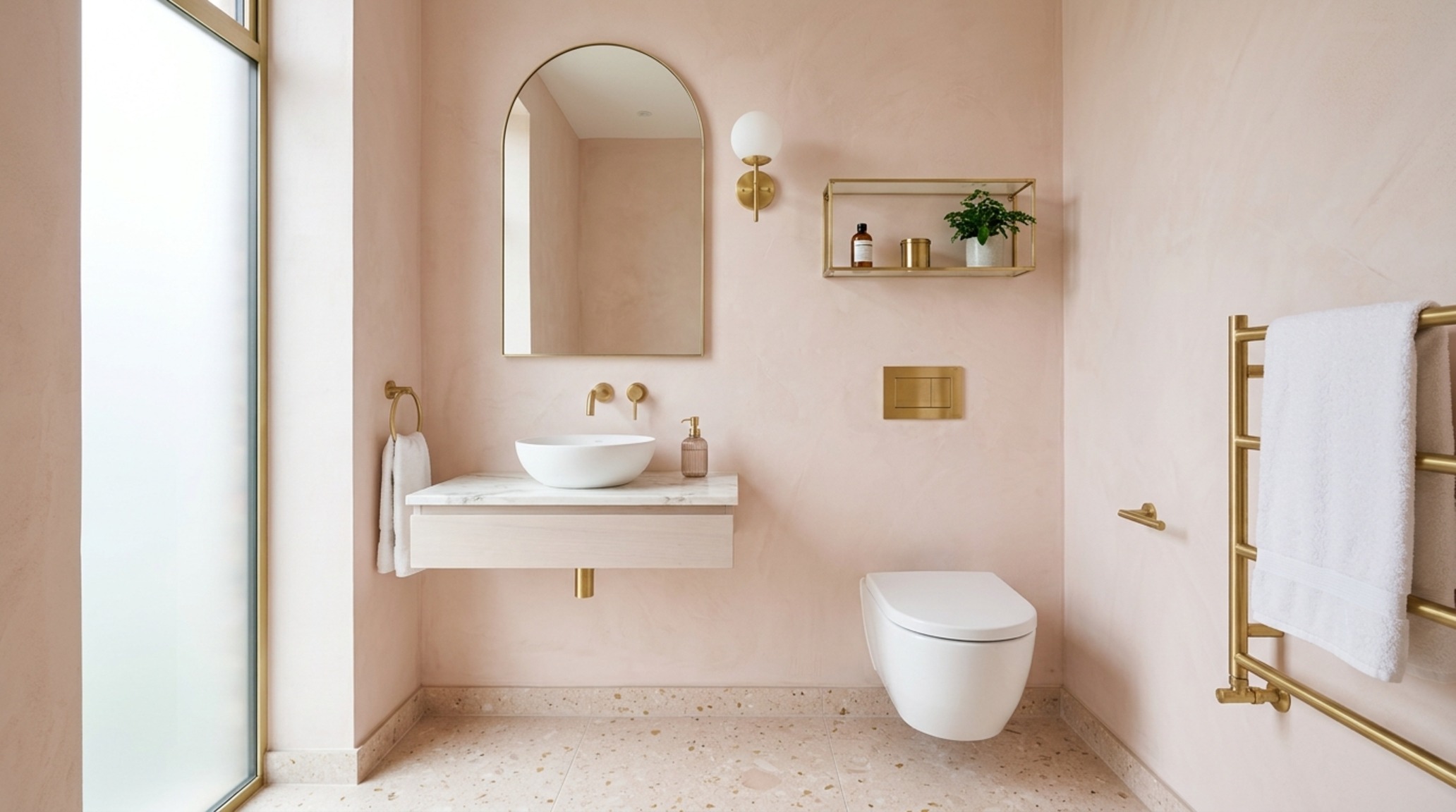 Small space virtual bathroom designer solution with a wall-mounted toilet and narrow-depth vanity finished in Farrow & Ball Setting Plaster for a soft, airy feel.