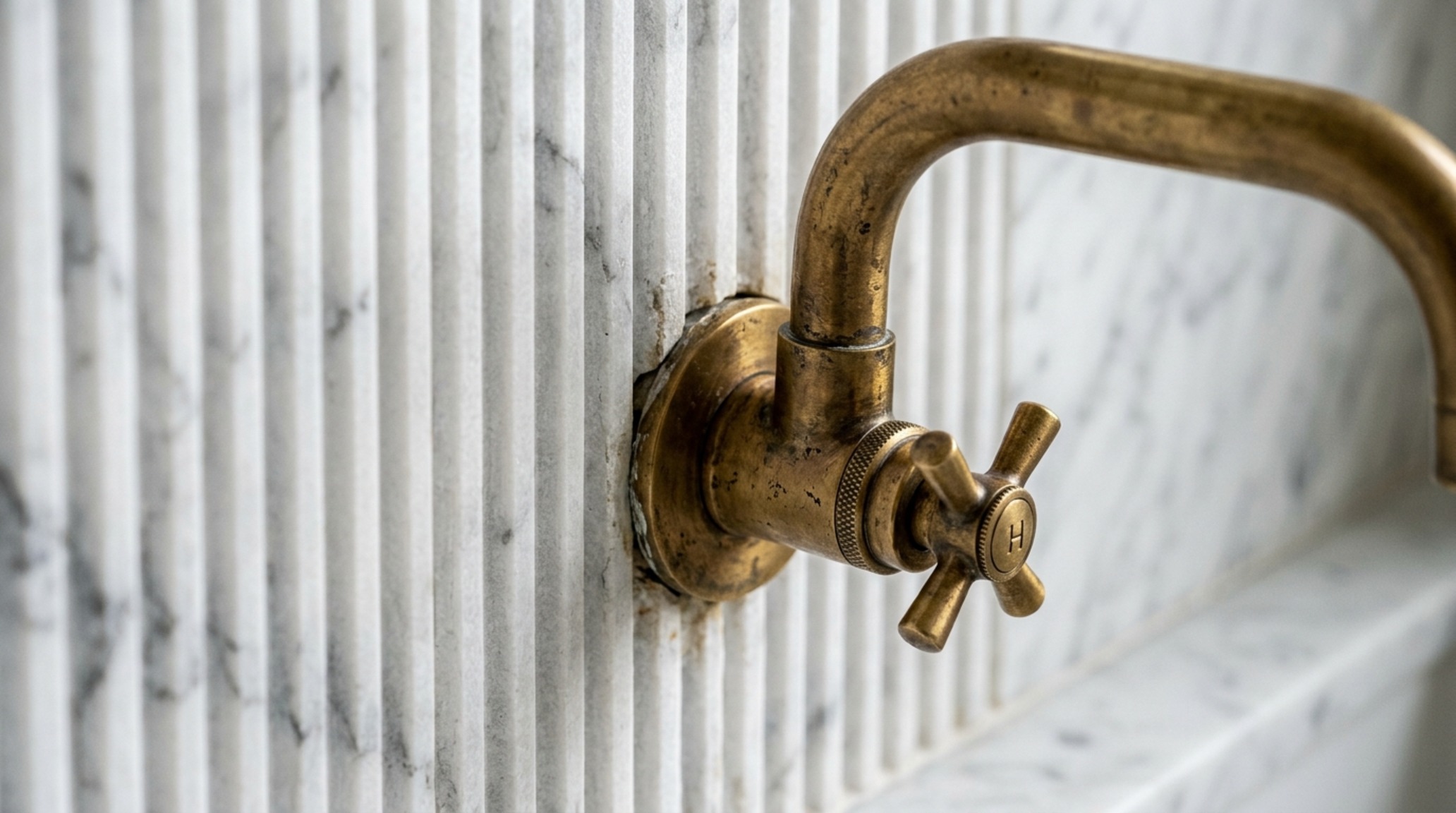 Luxury virtual bathroom designer textures including fluted marble wall panels, aged brass fixtures, and a honed basalt floor for a sophisticated tactile grounding.