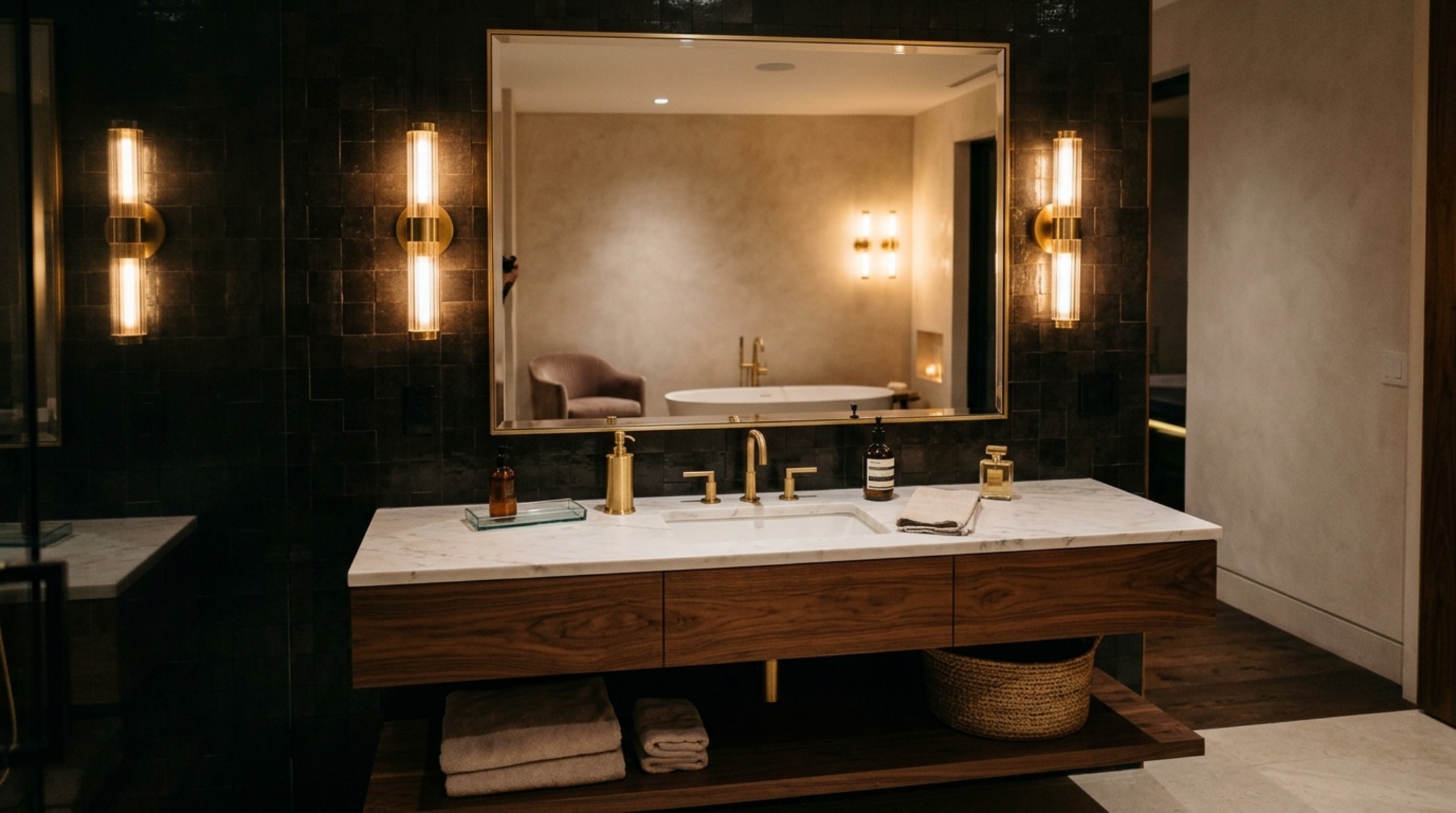 Virtual bathroom designer lighting guide demonstrating eye-level sconce placement at 2700K warmth to eliminate shadows on a bespoke walnut vanity.