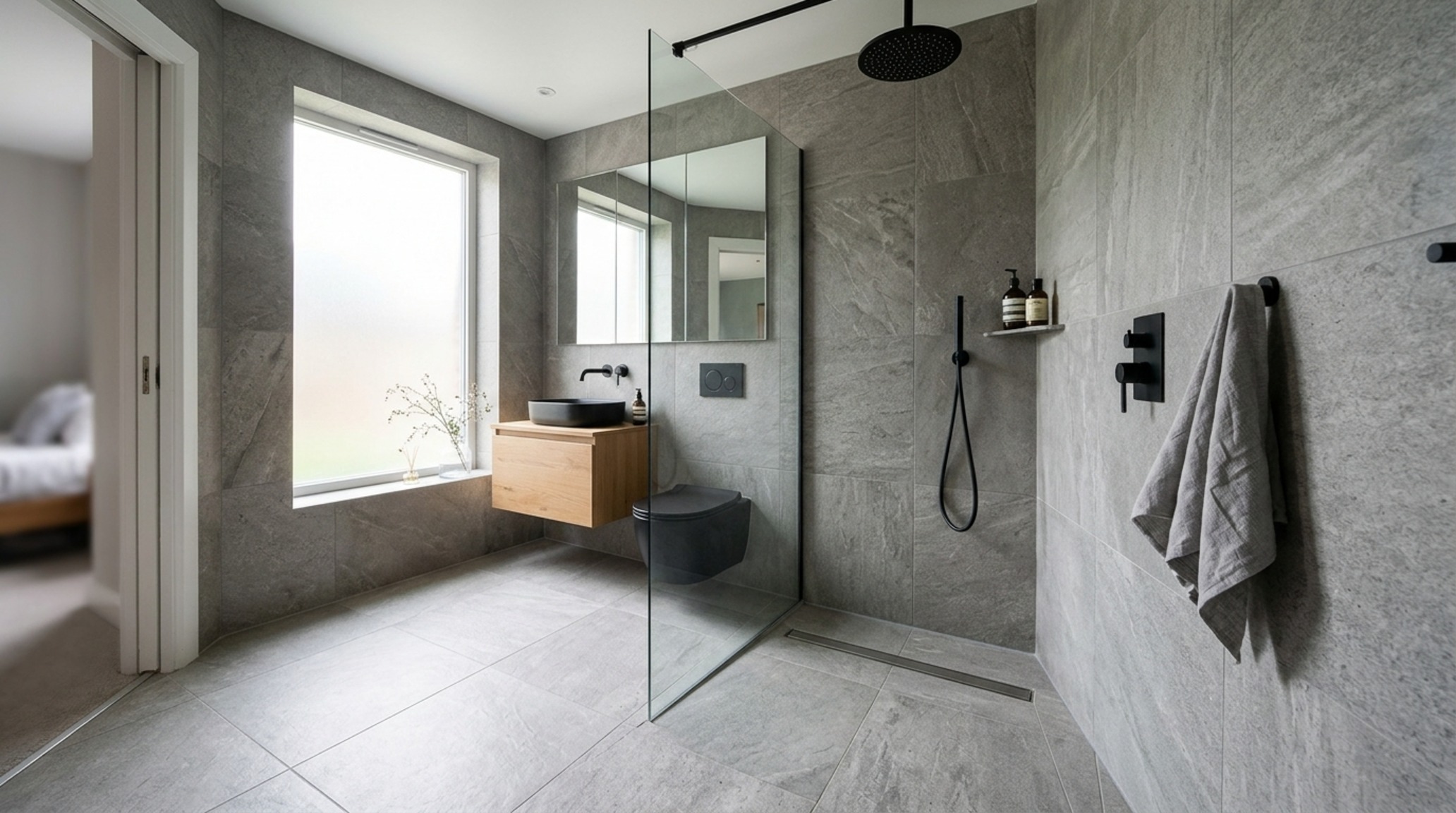Modern virtual bathroom designer ideas for a minimalist wet room concept with a linear drain, seamless floor transition, and oversized porcelain slabs.
