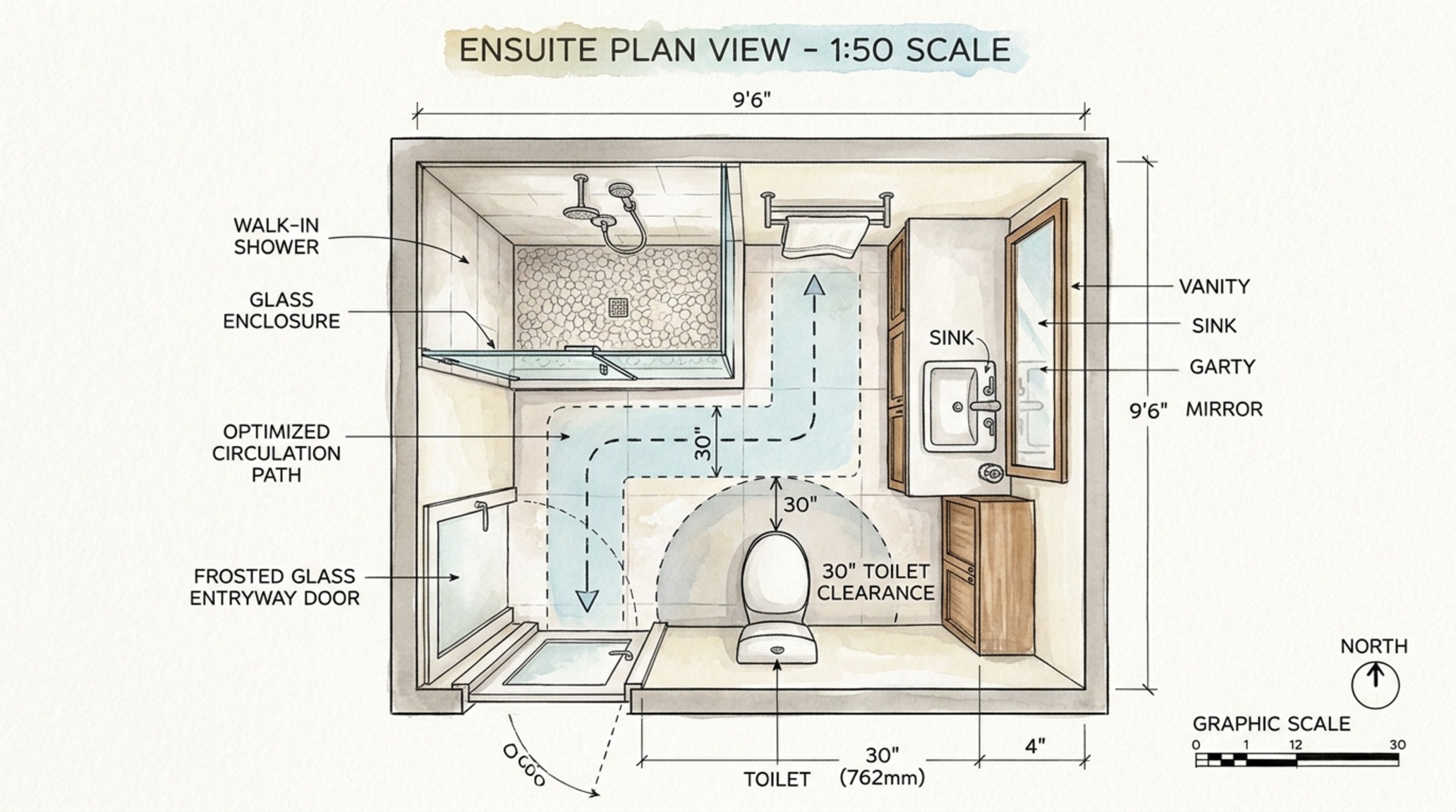 Small space virtual bathroom designer techniques utilizing vertical storage and a glass-enclosed shower to maintain clear sightlines in a 40-square-foot room.