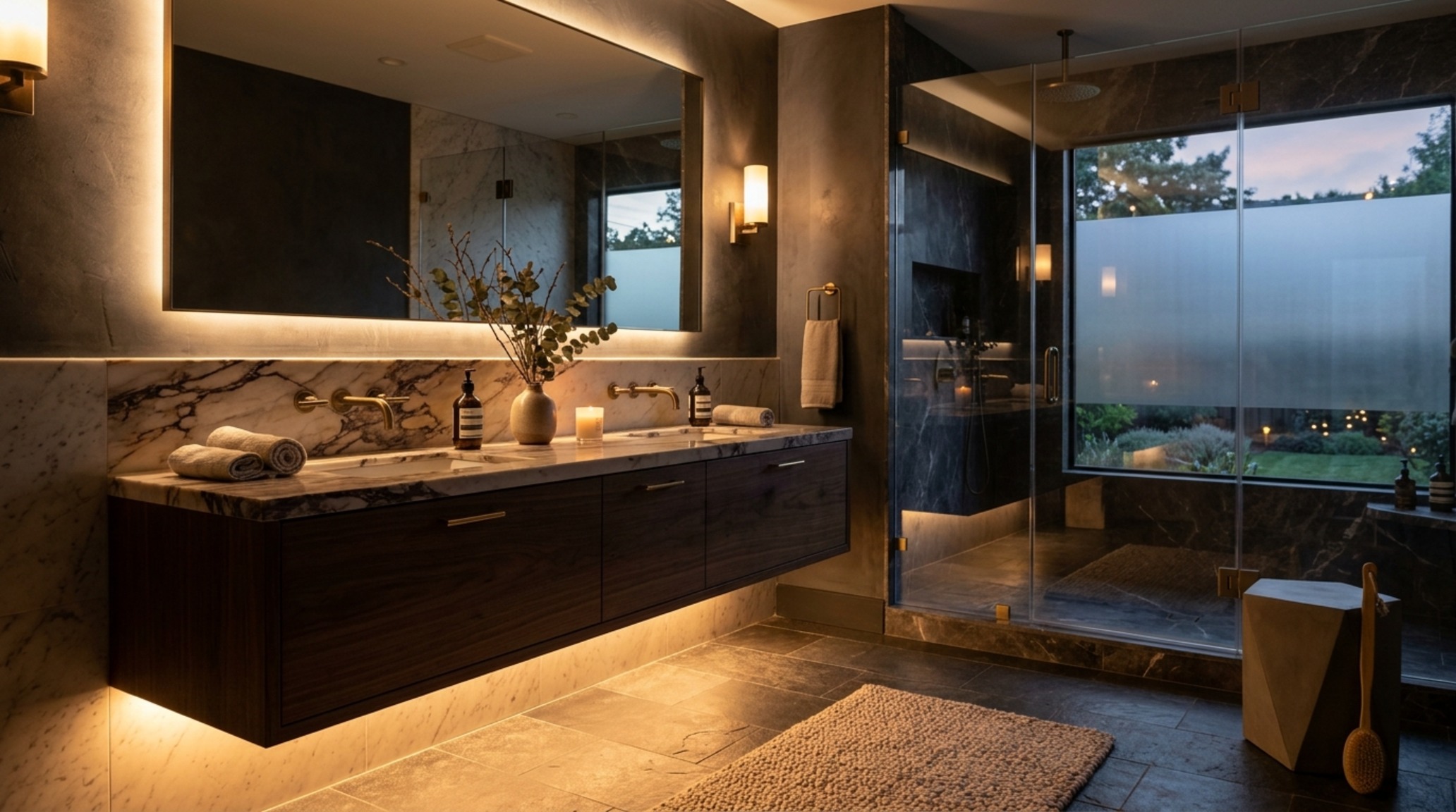 Virtual bathroom designer lighting guide showcasing recessed ceiling coves and under-vanity LED strips for a layered, weightless atmospheric effect.