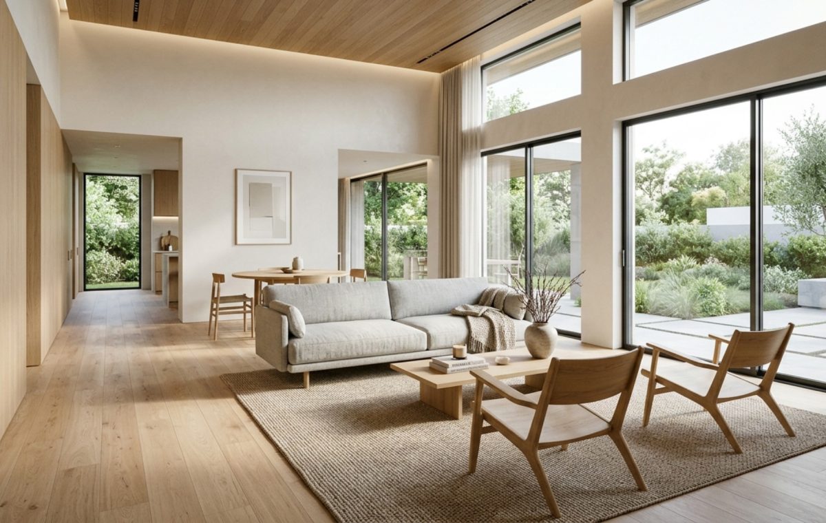modern virtual house planner ideas showcasing a minimalist open-plan living room with a 36-inch circulation path and floor-to-ceiling glass walls
