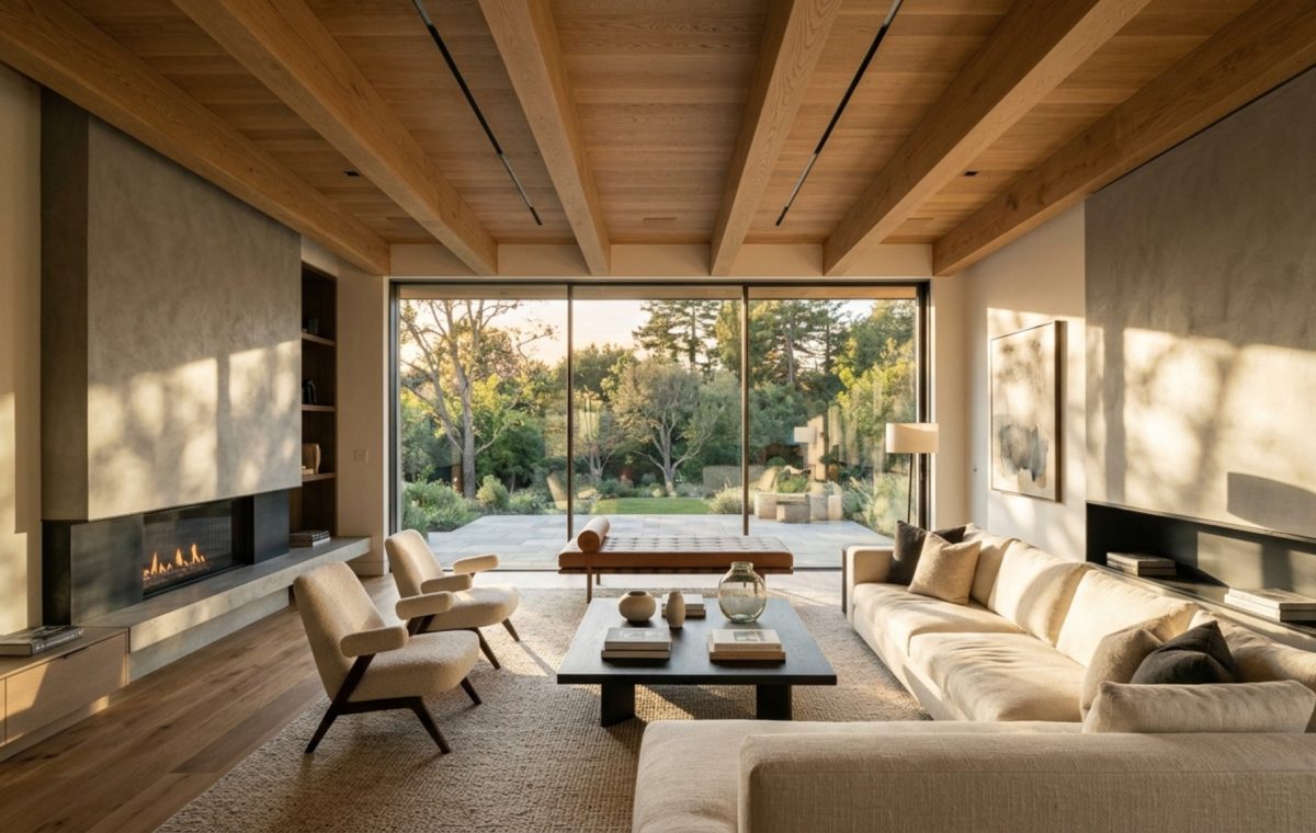 modern virtual house planner ideas featuring an open-concept living area with floor-to-ceiling windows and rift-sawn white oak ceiling beams