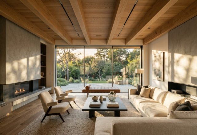 modern virtual house planner ideas featuring an open-concept living area with floor-to-ceiling windows and rift-sawn white oak ceiling beams