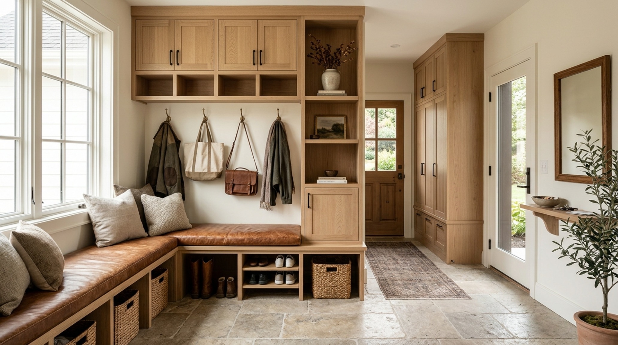 luxury virtual house planner textures with a focus on tactile silver travertine and a custom-built mudroom bench