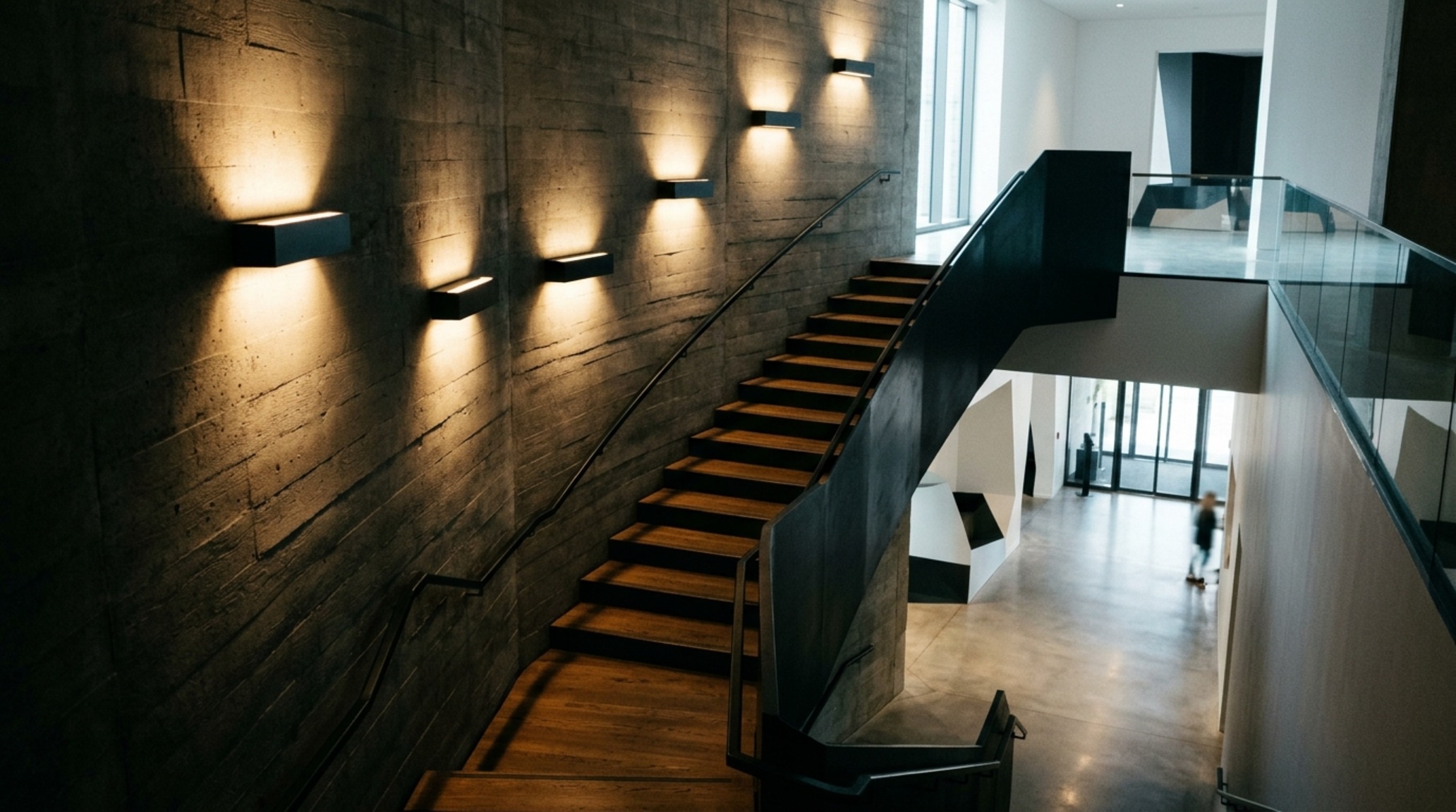 virtual house planner lighting guide illustrating shadow play on a sculptural staircase with eye-level wall sconces
