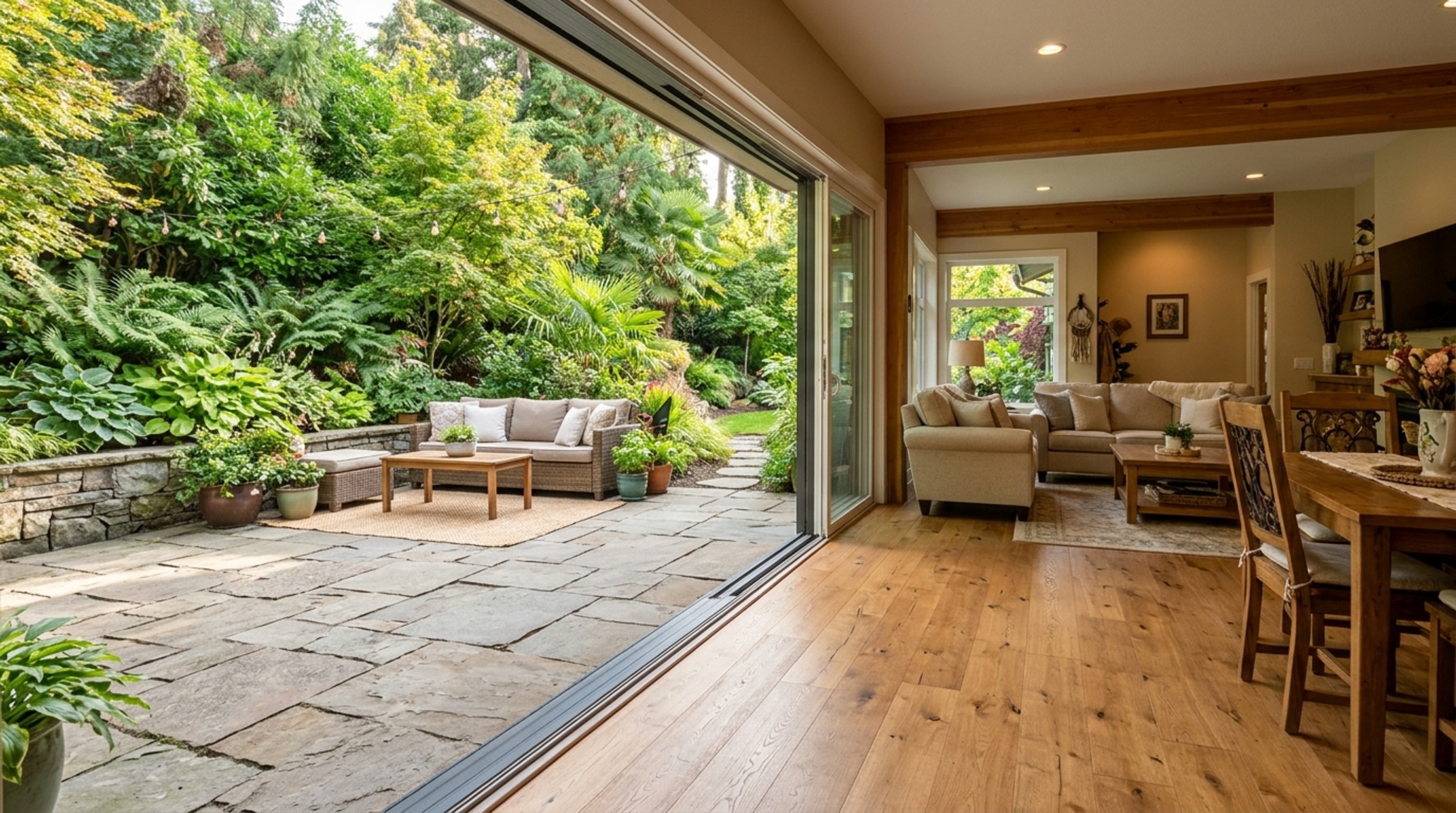 modern virtual house planner ideas for an indoor-outdoor flow with large sliding glass doors and a continuous floor plane