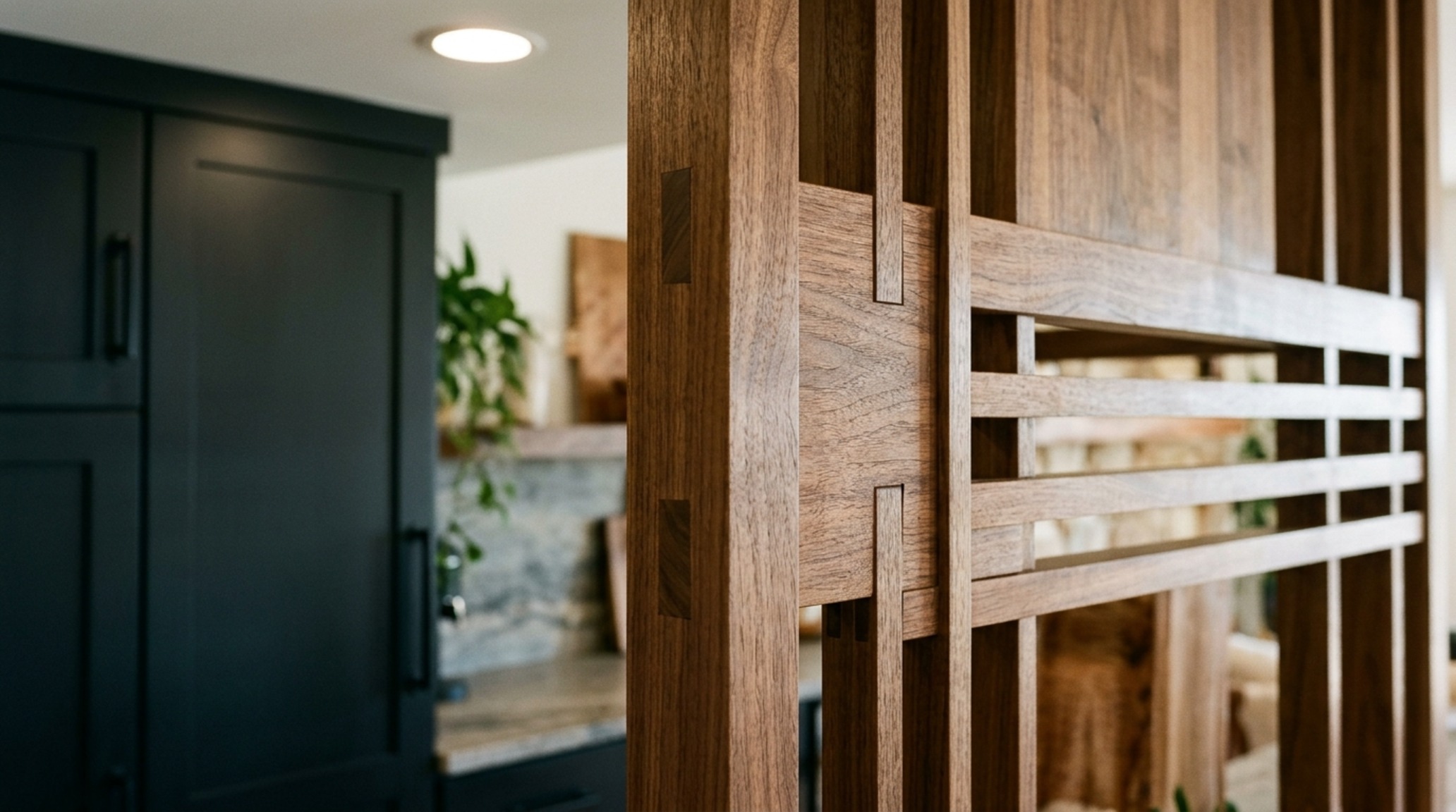 luxury virtual house planner textures focusing on the grain of a walnut room divider and matte black hardware accents