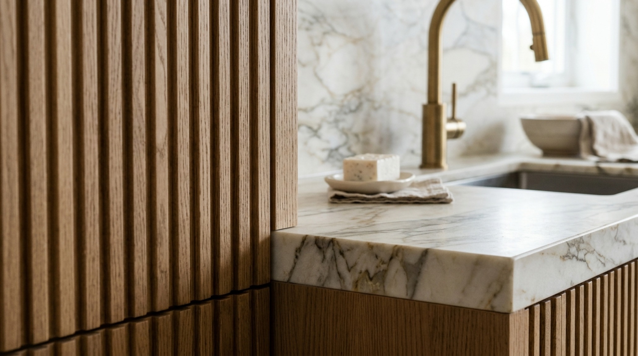 luxury virtual house planner textures featuring a close-up of fluted white oak cabinetry and honed Arabescato marble with brushed brass hardware luxury virtual house planner textures featuring a close-up of fluted white oak cabinetry and honed Arabescato marble with brushed brass hardware
