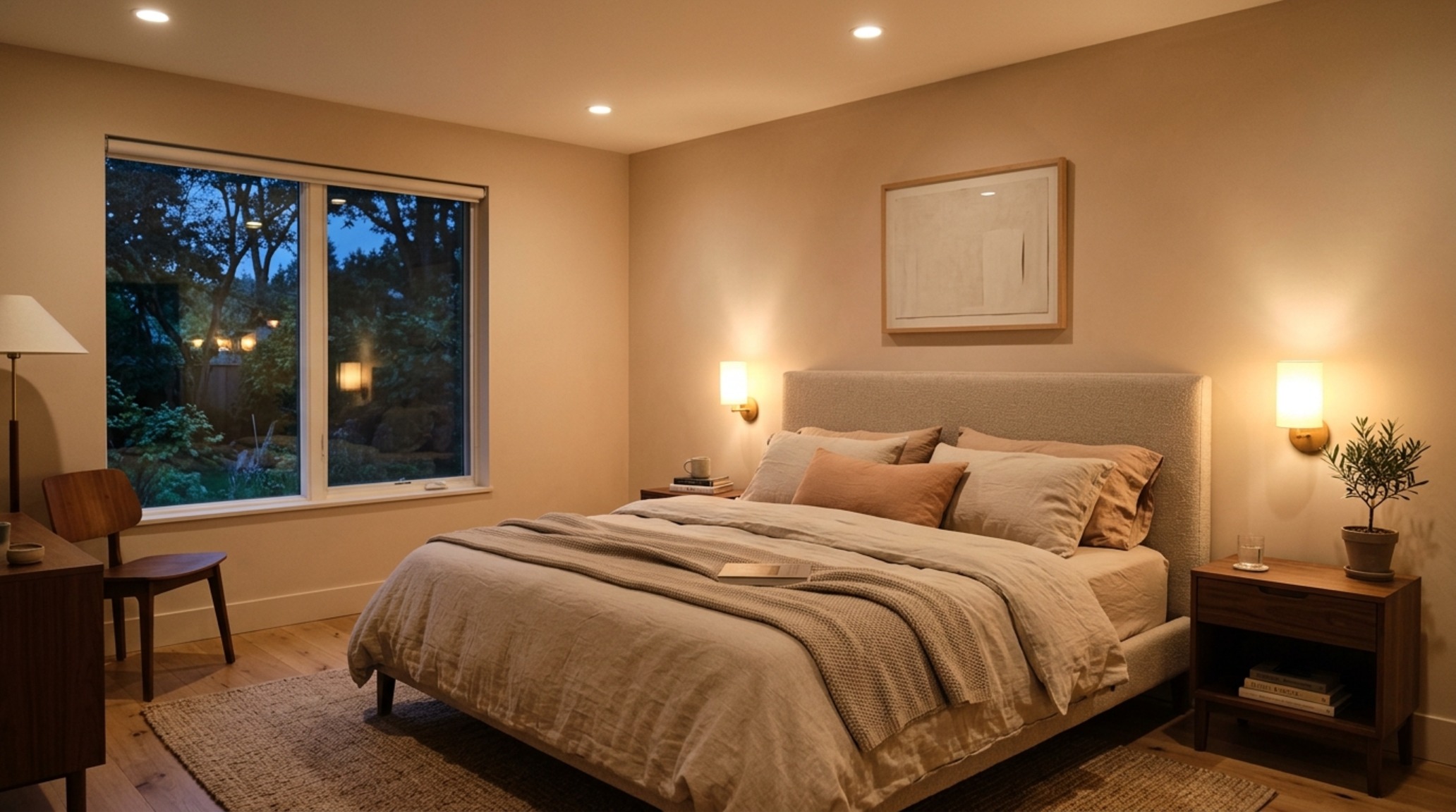 virtual house planner lighting guide demonstrating a 2700K warm ambient glow in a contemporary bedroom with recessed downlights